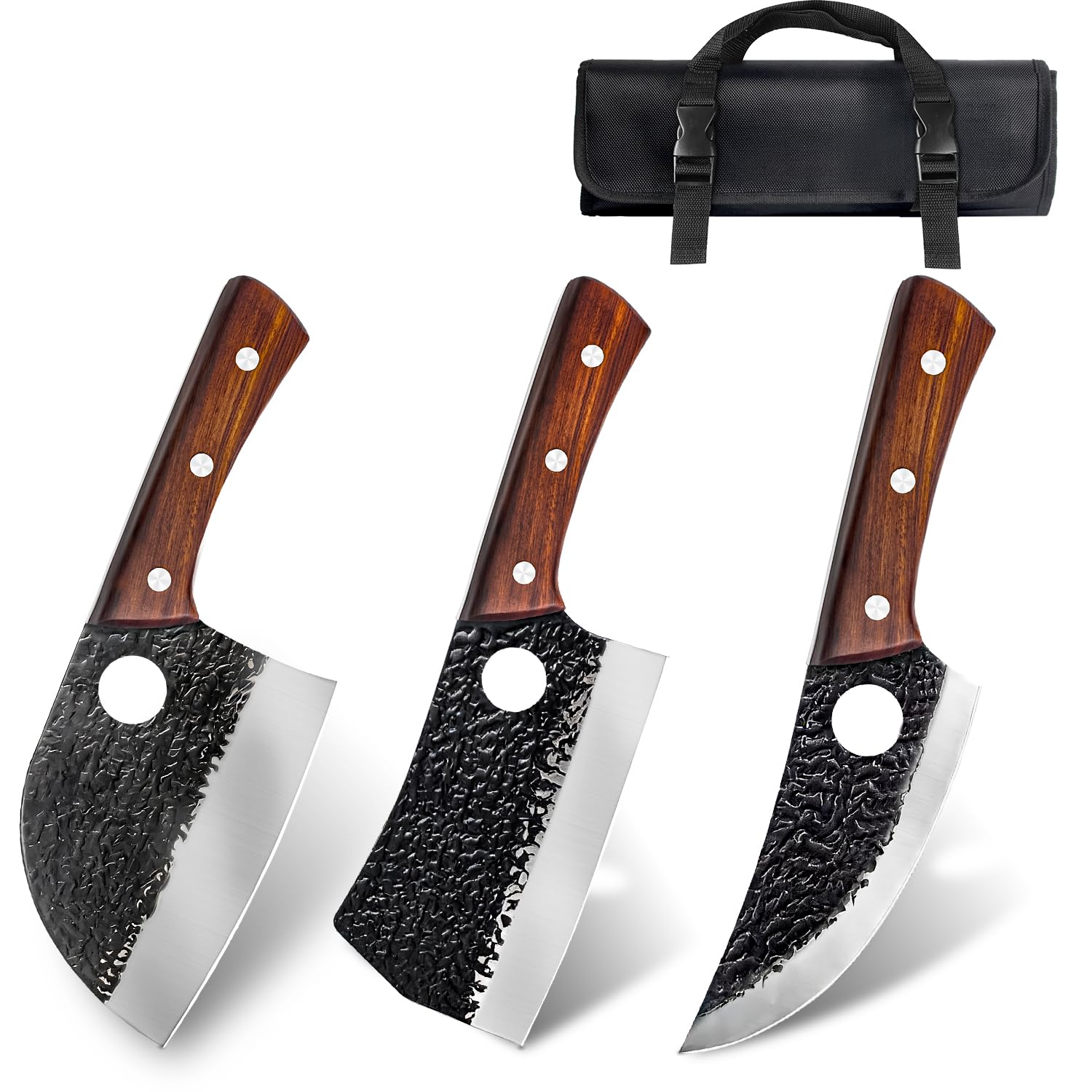 MOSFiATA Juego de Cuchillos de Carnicero Set Cuchillos de Cocina con Bolsa | Acero de Alto Carbono, Cuchillo Chef Serbios, Cuchillo Hueso, Cuchillo Vikingo, Bolsa Enrollable, para Carnicería Restaurante
