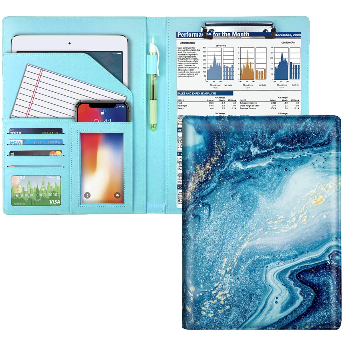 Padfolio, Geschäfts- und Lebenslauf-Mappe/-Organizer mit Klemmbrett für Schreibblock, Mappe für Vorstellungsgespräch für Männer und Frauen, blau marmoriert
