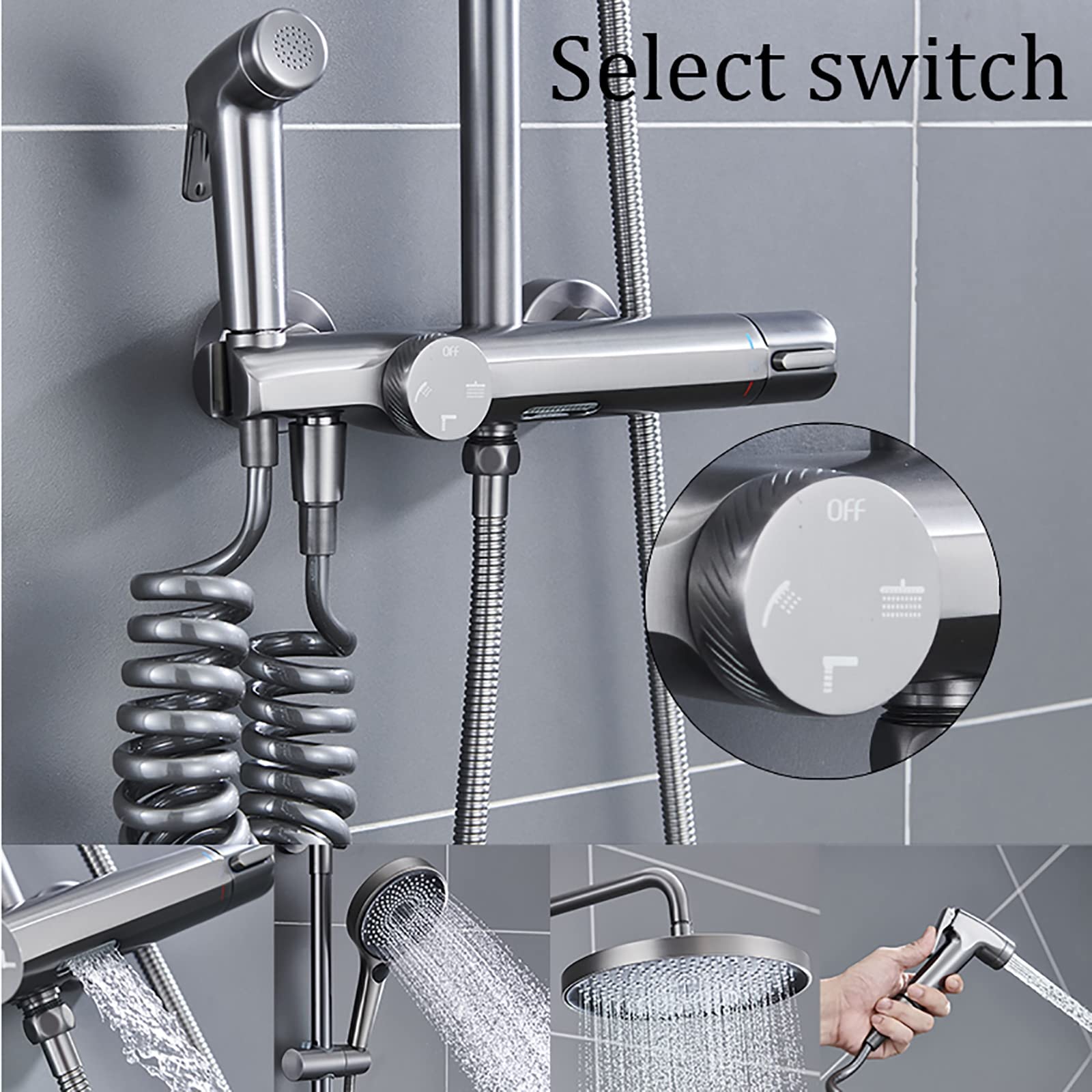 Sistema Doccia a Pioggia con soffione da 10 Pollici, Set Rubinetto termostatico a Parete, Cascata in Ottone, beccuccio per Vasca, doccetta a 3 modalità, Bidet S, Cromato (Grigio)