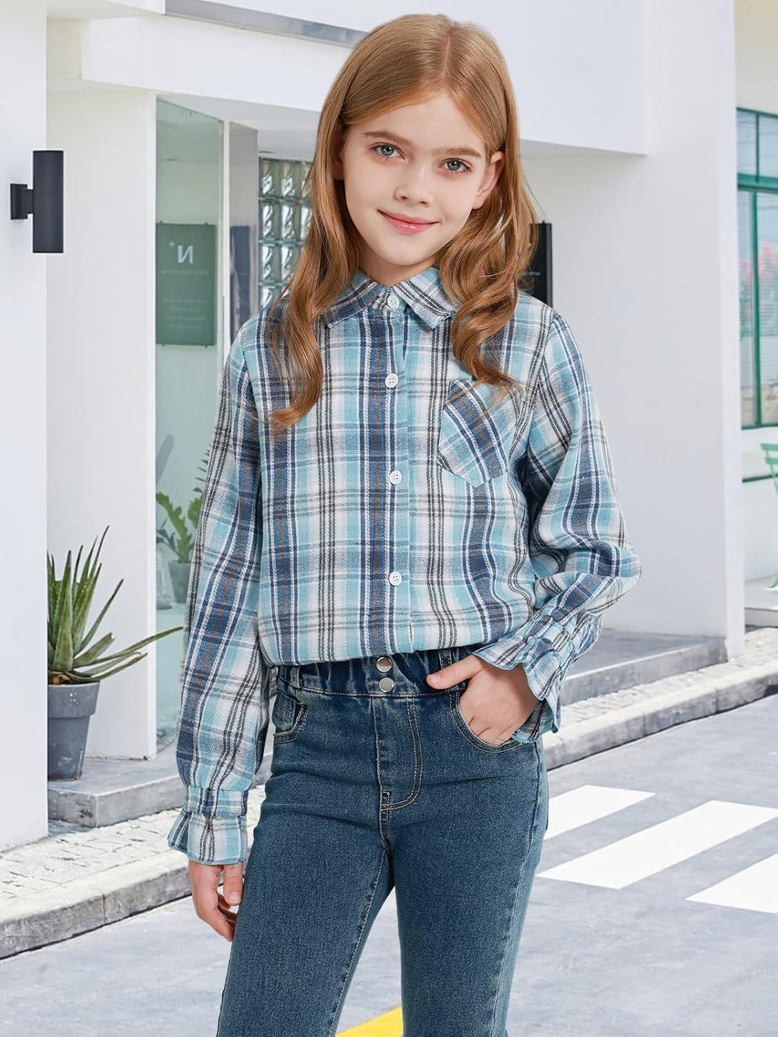 Girls Long Sleeve Flannel Plaid Shirt Casual Button Down Shirts Tie Front Collared Blouse Tops for 5-14 Years