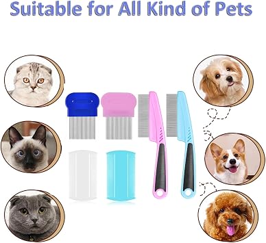 6Pcs Flea Comb Cat Combs Set Flea Lice Comb Fine Tooth Comb Dog Comb Multifunctional Pet Hair Comb for Grooming and Dehairing Face and Paws for Large Medium Small Dogs Cats - 3 Type