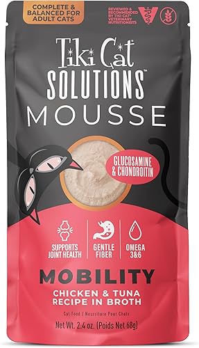 Tiki Cat Solutions Mobility Mousse, receta de pollo y atún en caldo, formulada para apoyar articulaciones saludables, alimento húmedo funcional para