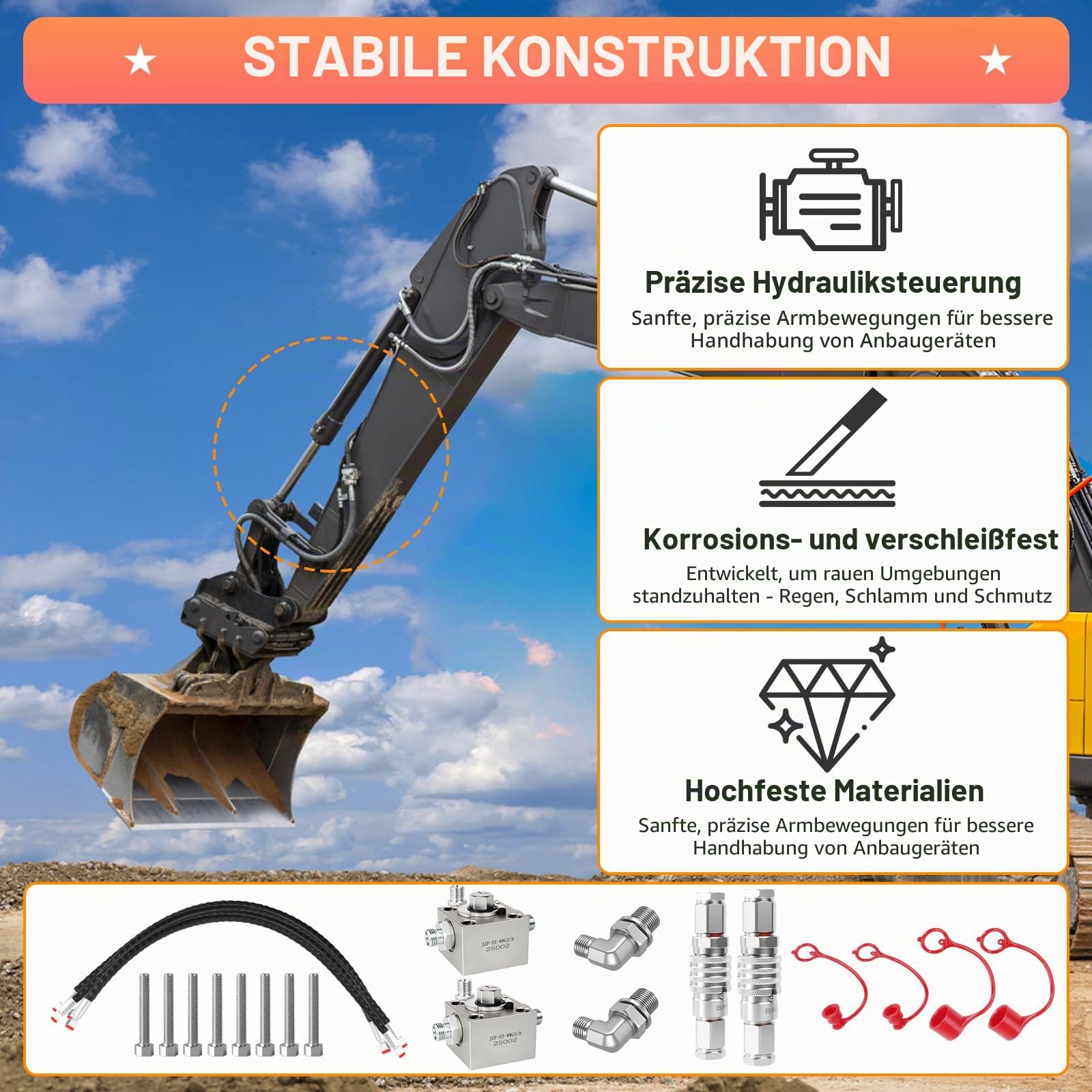 2-teiliges 3-Wege-Hydraulik-Umstellventil-Set – kompatibel mit 1–2 Tonnen Minibaggern, inklusive Schnellverbindungen, 78,7 cm flexiblen Schläuchen und M14 Hydraulik-Anschlussblock, komplettes Set
