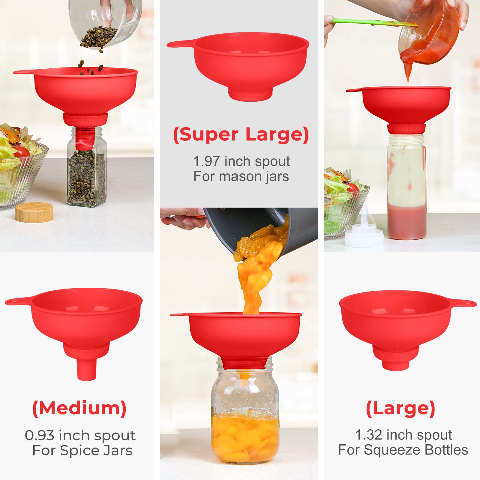 Embudo de cocina de boca ancha, de plástico de calidad alimentaria, con 4 tamaños de caño (1,1 cm-5 cm)