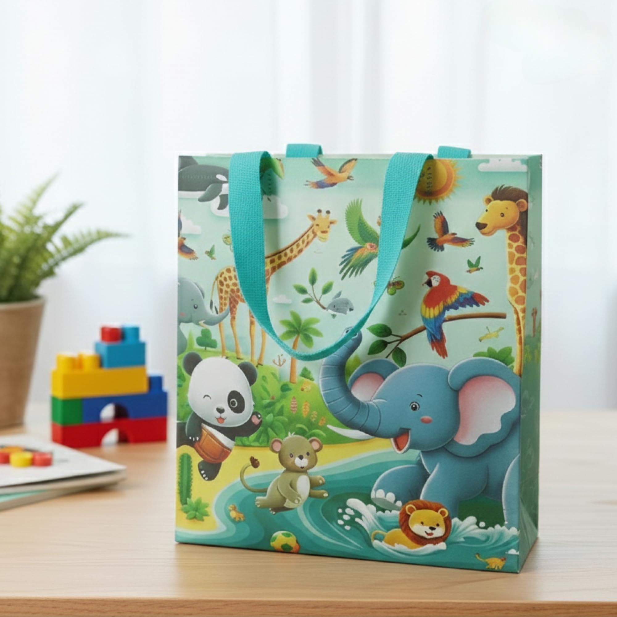 Evafly gift bags small size Pack of 24 – H25 x L23 x D10 cm | Reusable Non-Woven, Party Favours | Cartoon Jungle Print for return gift bags for kids birthday - Green