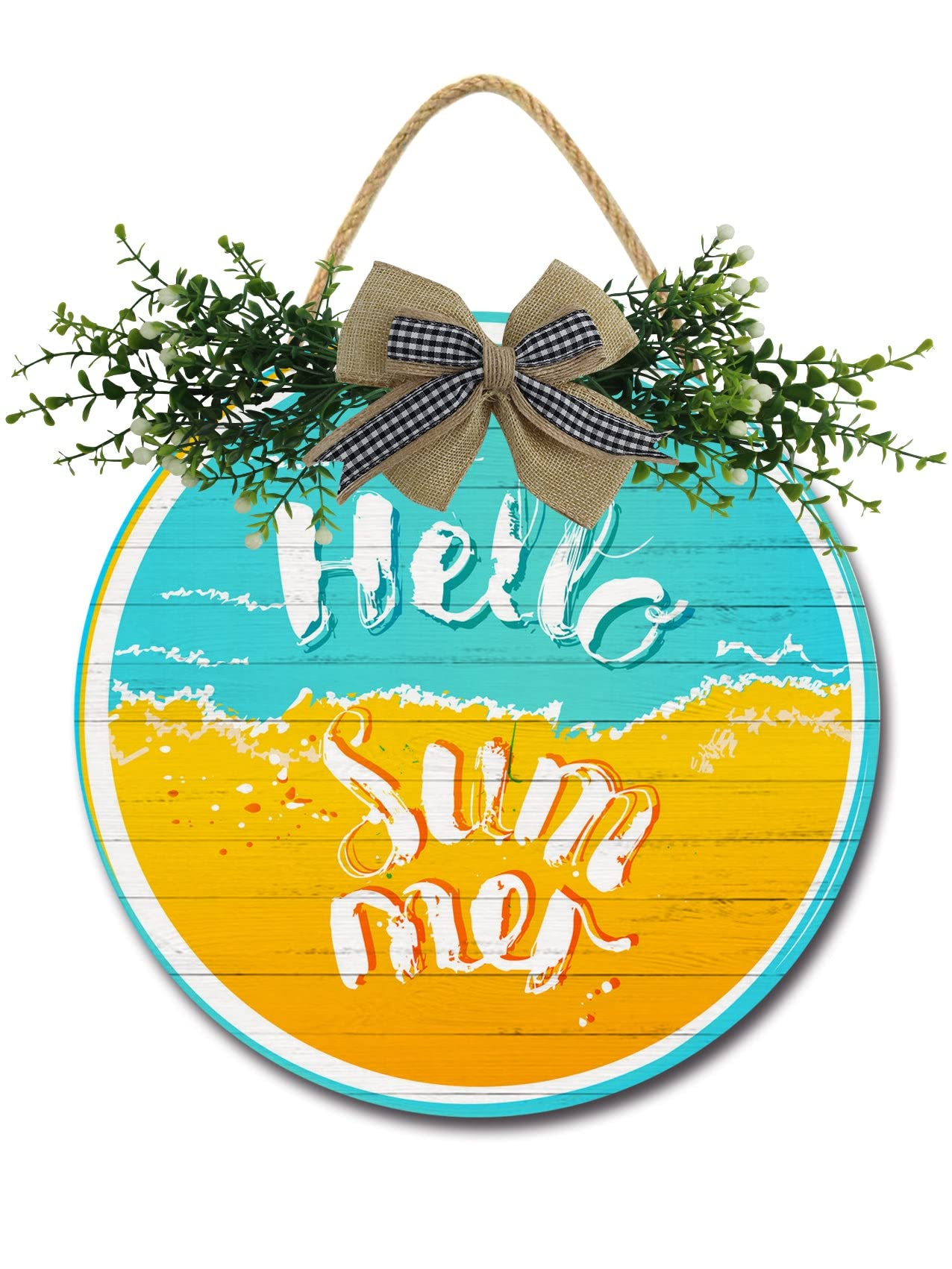 Targa Estiva In Legno Hello Summer Welcome Con Ciabatte E Conchiglie, Decorazione Da Porta 57,9x33 Cm