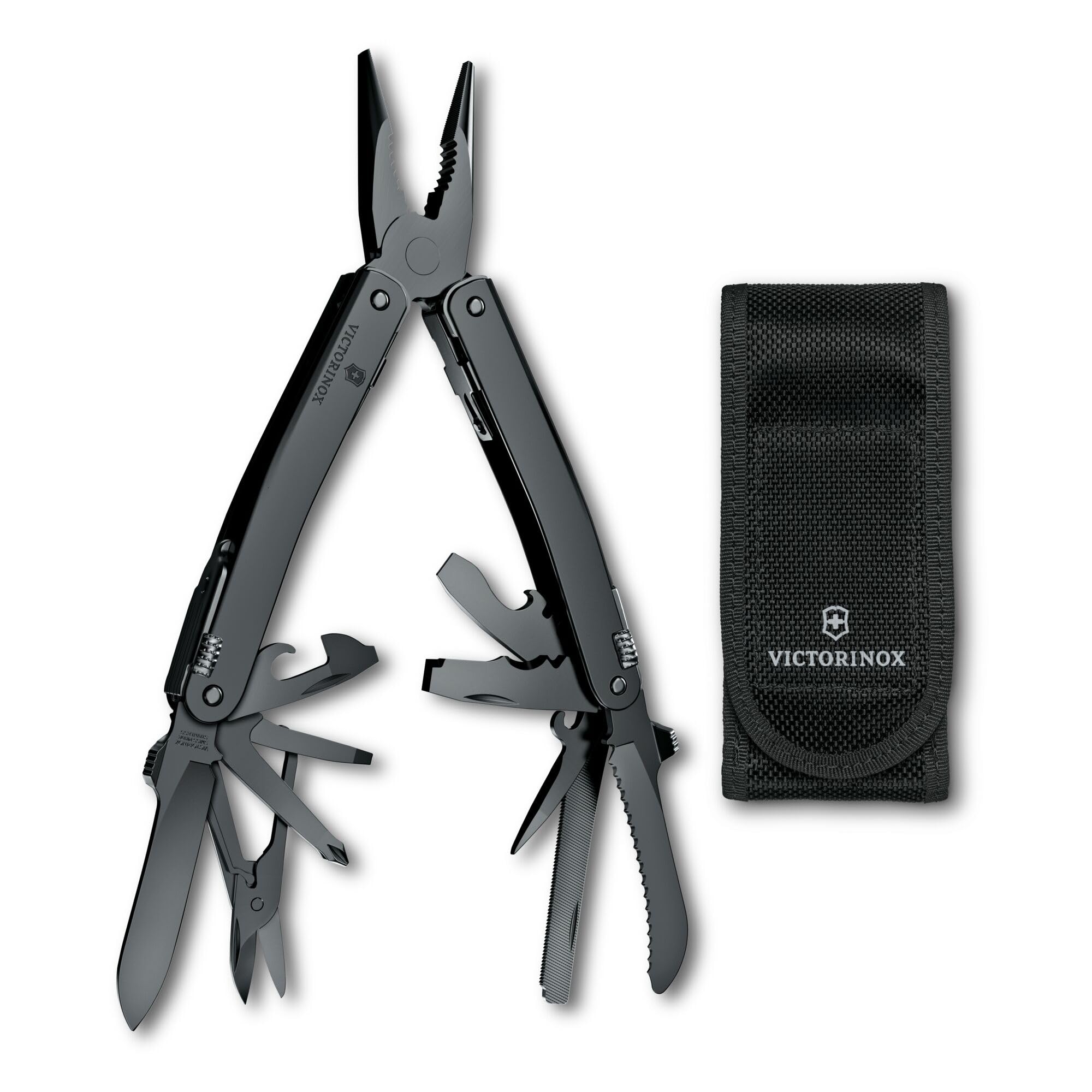 Swiss Tool Spirit MXBS Swiss Army Knife, 24 Function Swiss Made Multitool with Large Blade, Pliers and Wire Cutter - Black with Nylon Pouch