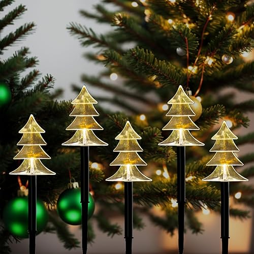 Luces solares navideñas para caminos al aire libre, juego de 5 luces LED solares impermeables para jardín con 2 modos de iluminación, luces de árbol