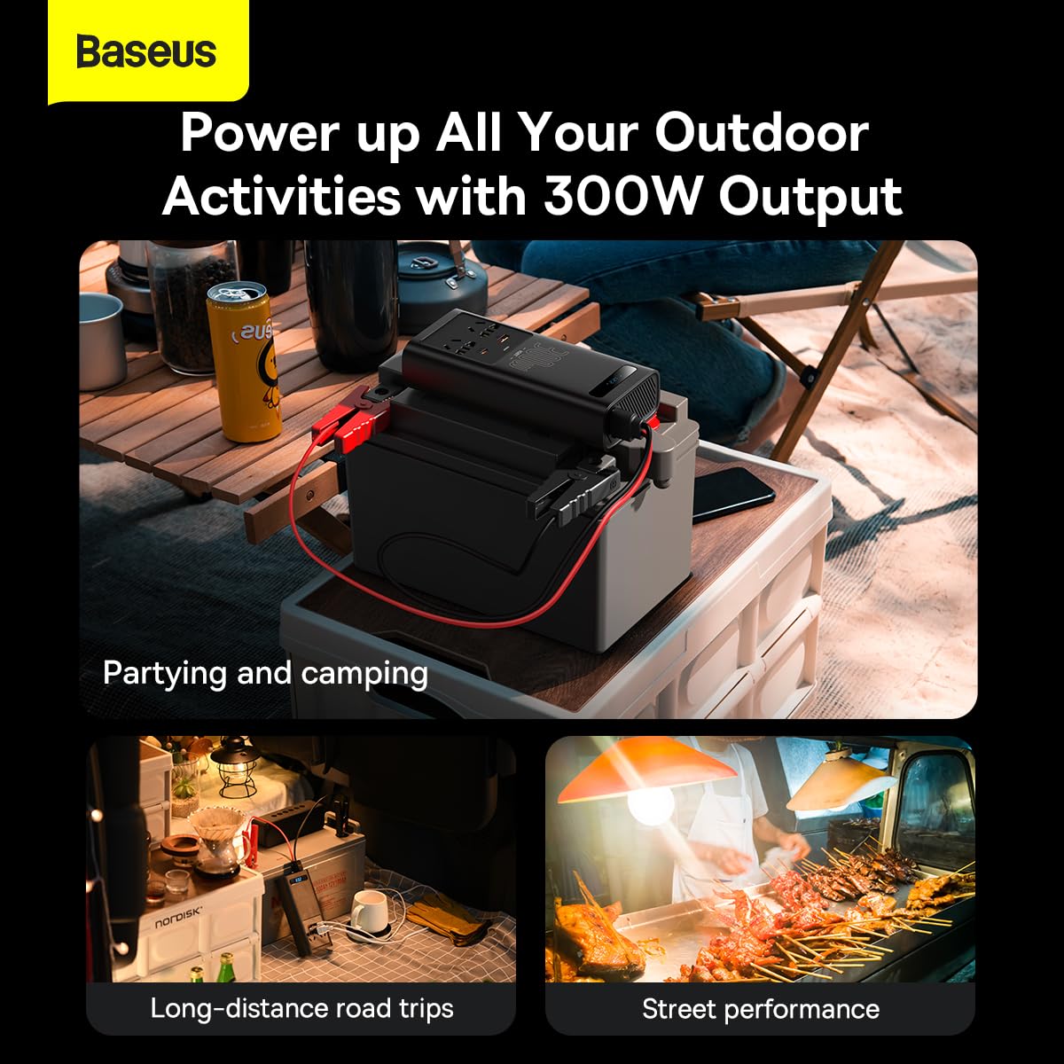 Baseus Inwerter samochodowy IGBT 300 W/220 V (C+U + podwójna wtyczka UE) z kablami zaciskowymi 12 V (0,40 m) i kablem gniazda zapalniczki (0,60 m), czarny (CGNB010101)