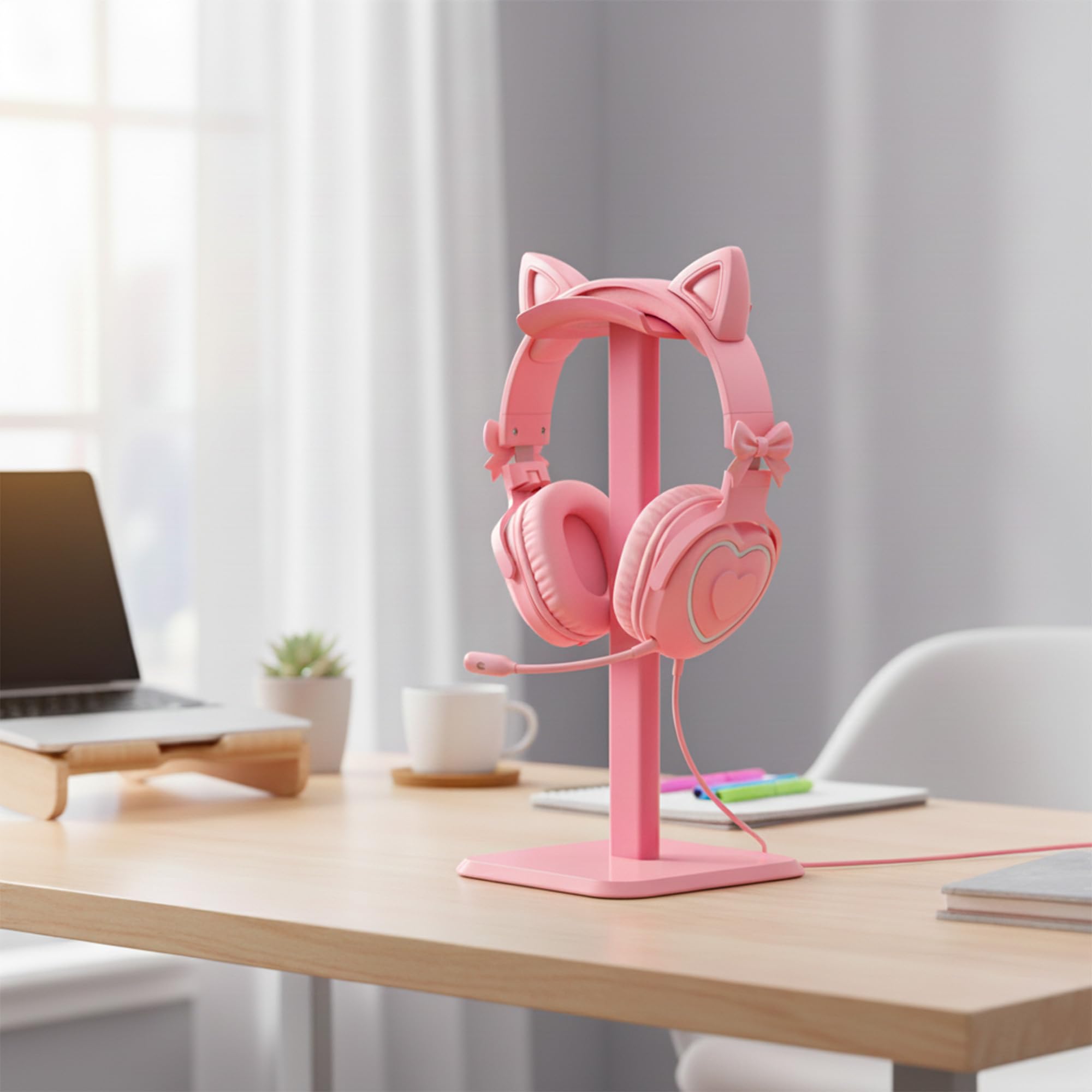 Headphone Stand, Universal Aluminum Alloy Headset Holder with Anti-Slip Base, Stable Supporting Bar for All Headphone Sizes, Ideal for Desk, Gaming, Office, Music Studio, Pink
