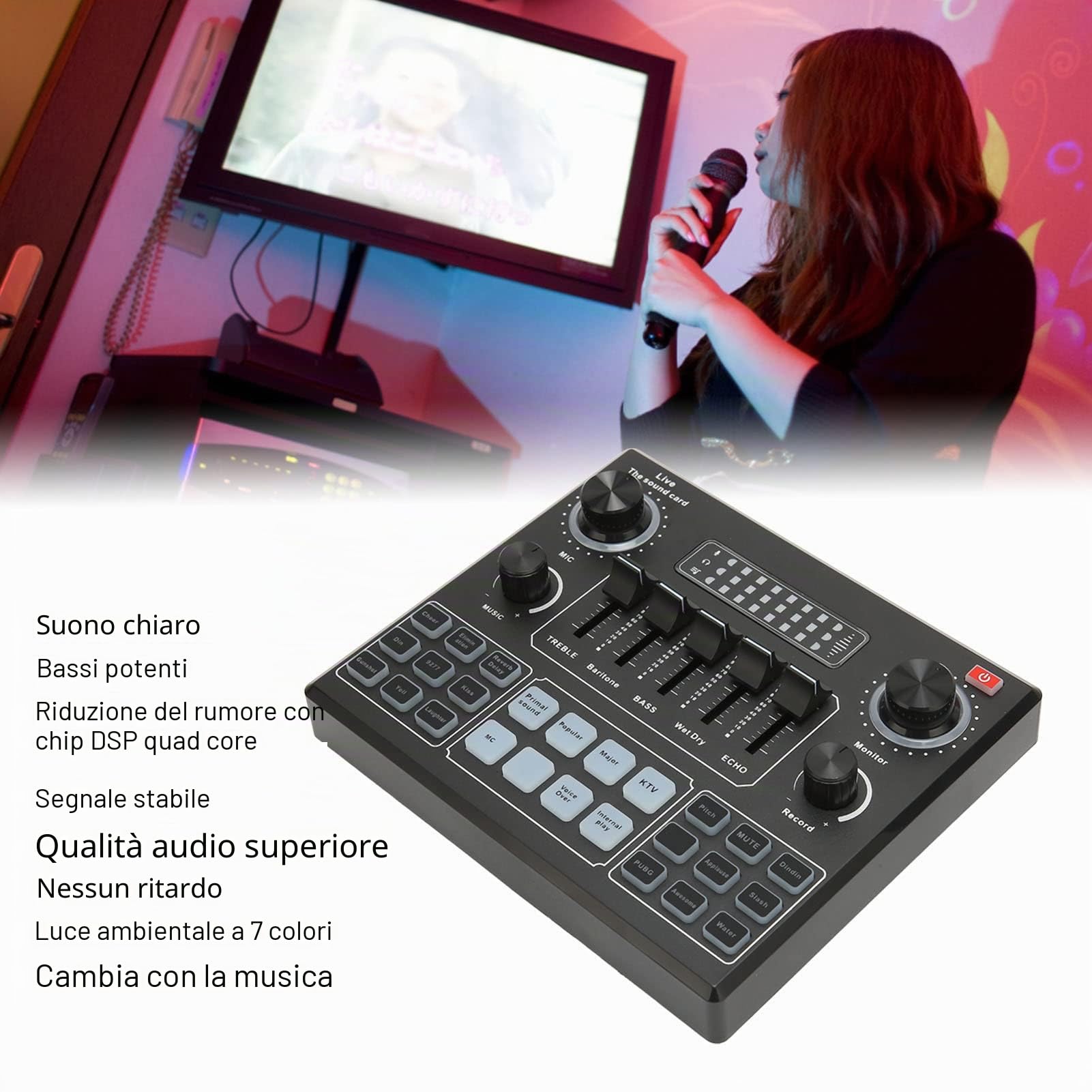Bewinner Scheda audio Voice Changer, Quad Sound Mixer Board con 12 effetti sonori, scheda audio live per mixer DJ, Music Studio Recording, compatibile con telefono cellulare, PC, computer