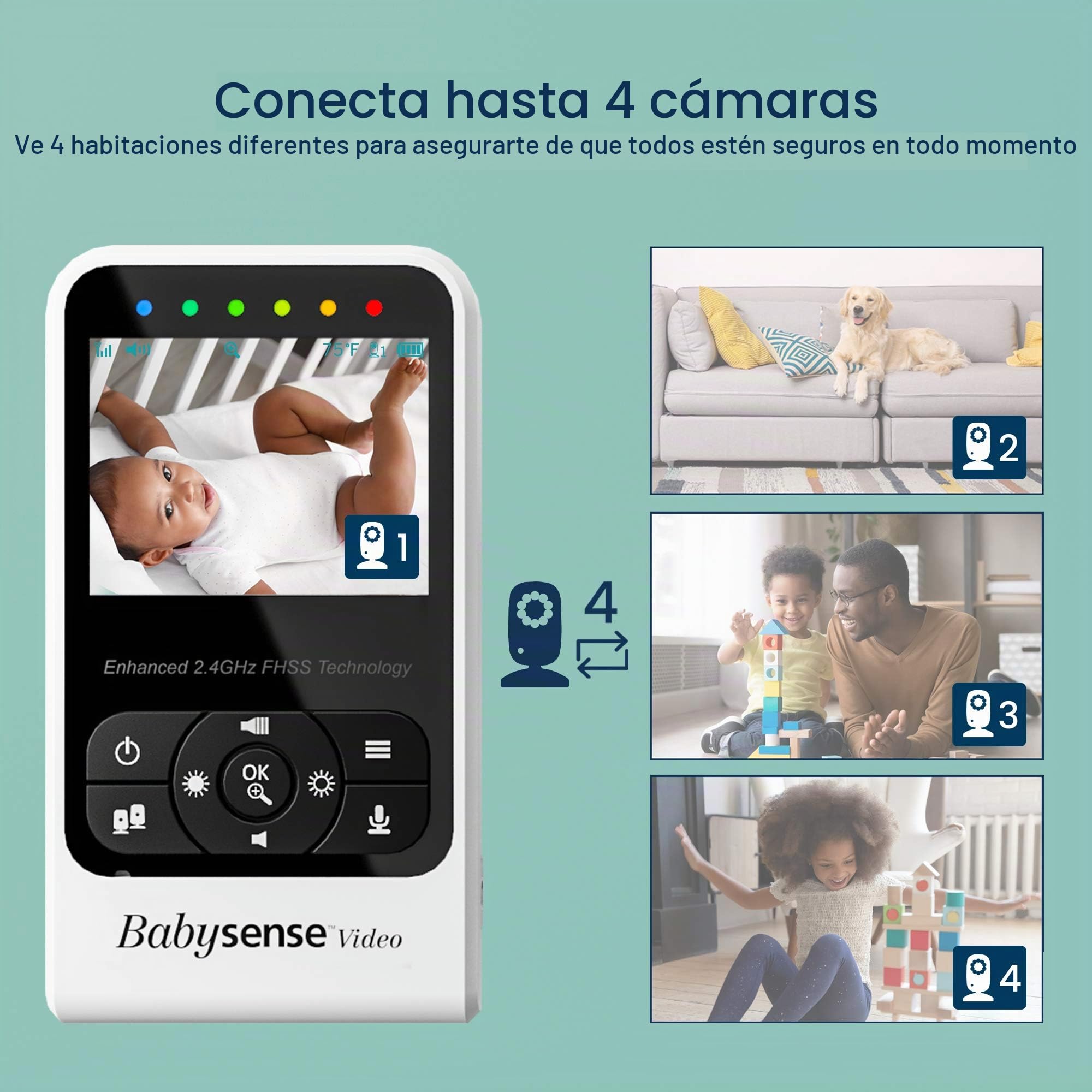 Babysense Vigilabebés con Video con cámara y Audio, Pantalla de 2.4 ", suministrado con Dos cámaras, Canciones de Cuna y Ruido Blanco, Modelo V24R_2