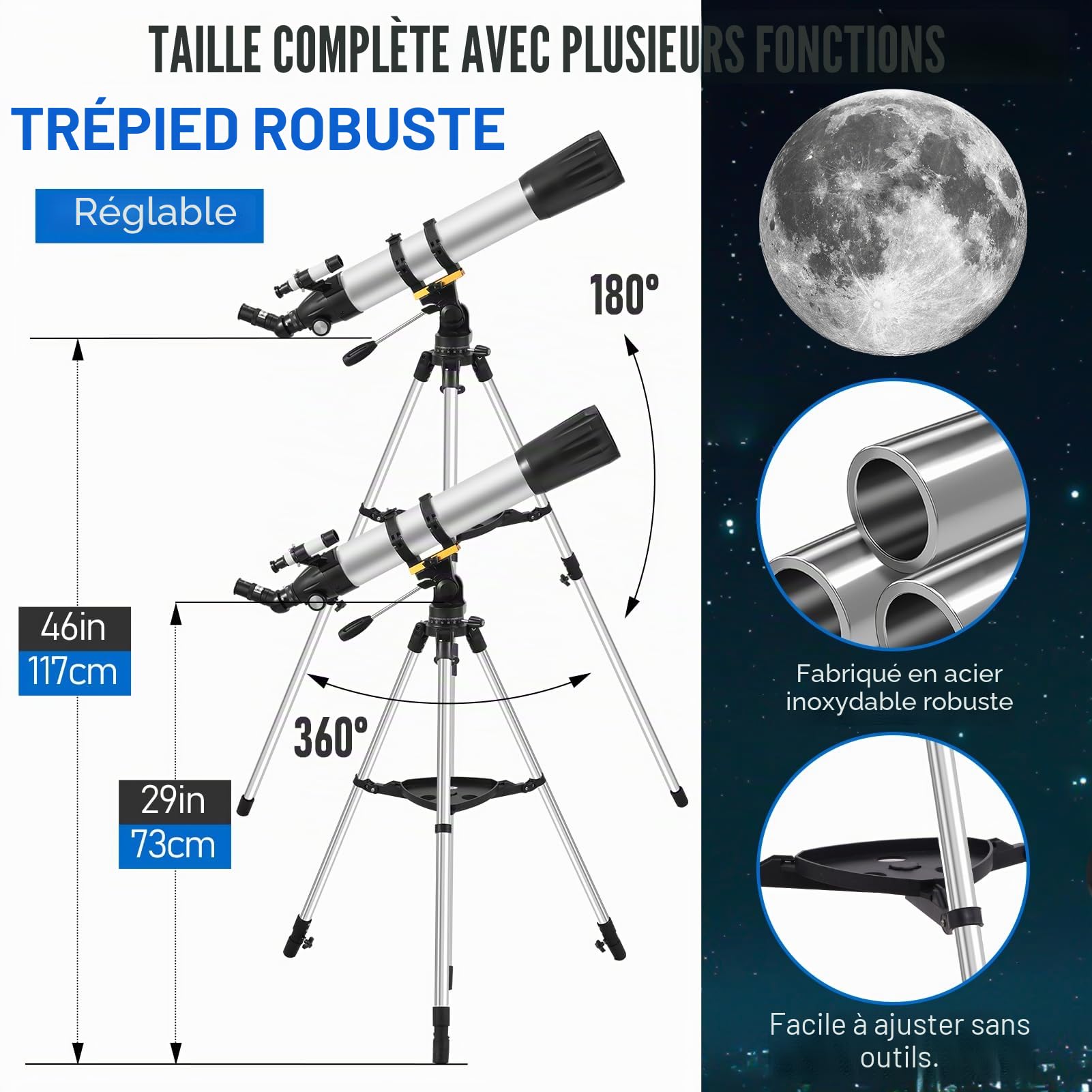 Télescope astronomique Professionnel pour Adultes, diaphragme 900 mm, télescope réfracteur pour débutants, télescope astronomique pour Observer la Lune et Les planètes