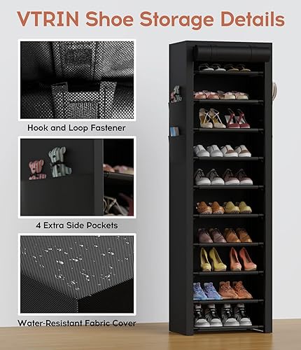 Vista 7 de VTRIN Vertical Narrow Shoe Rack Organizer 10 Tier Tall Shoe Shelf Holds 20-22 Pairs with Non-Woven Dustproof Cover for Closet, Entryway Black Negro