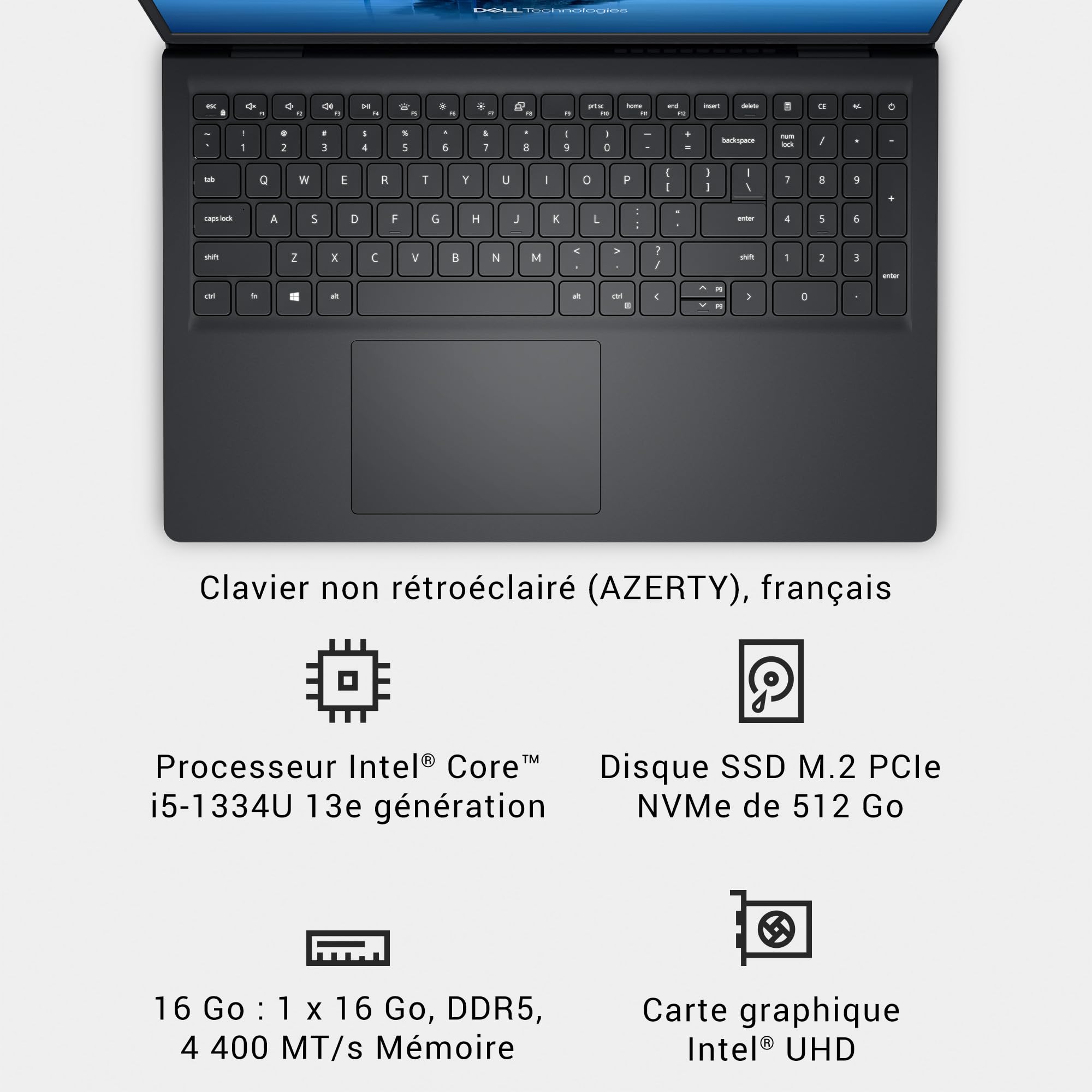 Dell 15 PC Portable DC15250, écran 15,6 po FHD 120Hz antireflet, Intel Core i5-1334U, 16 Go RAM, 512 Go SSD, Intel UHD, Windows 11 Home, Clavier AZERTY, Carbon Black (Chargeur Vendu séparément)