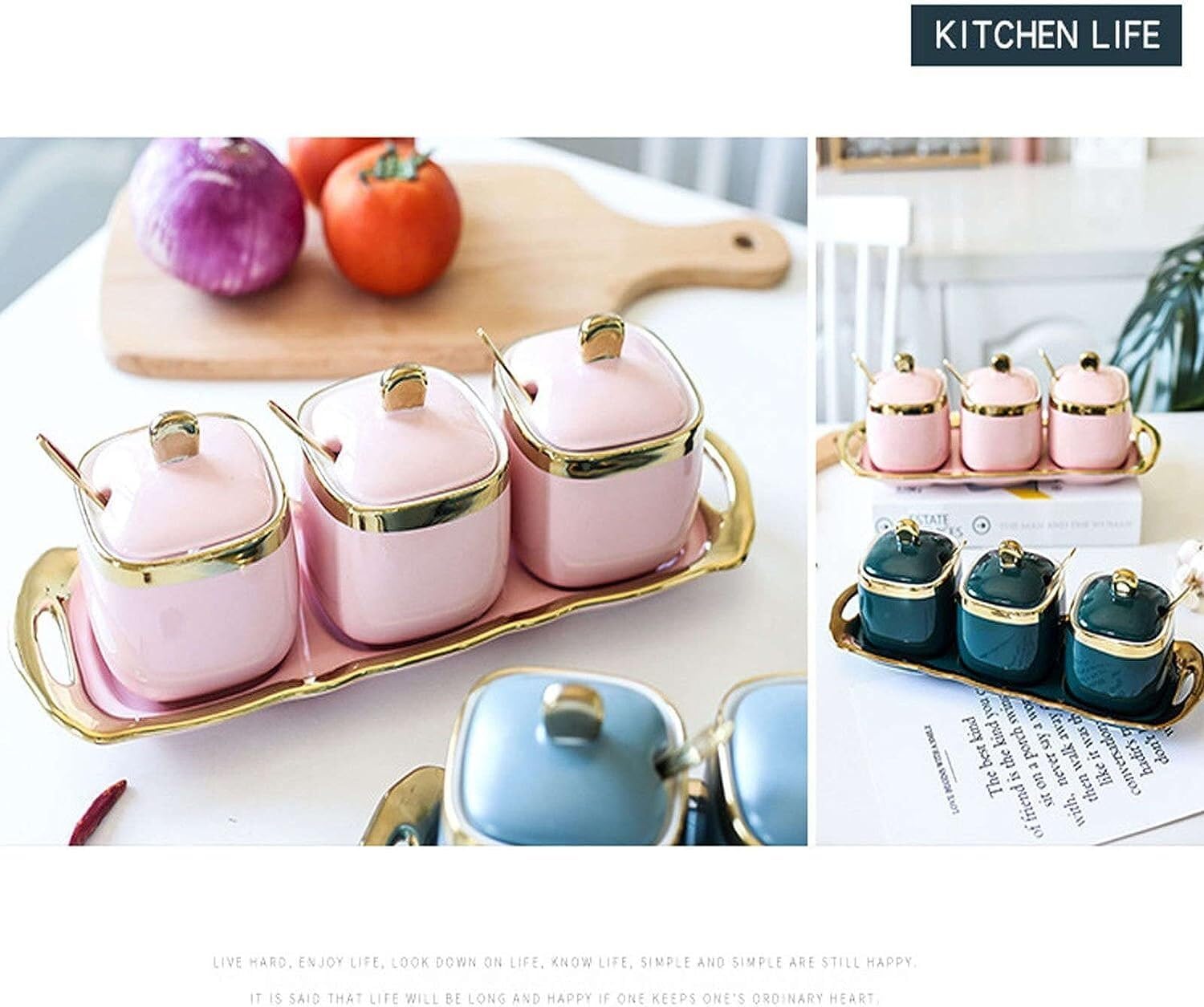 塩と砂糖の容器セット セラミック調味料瓶セット 調味料スパイス容器 スプーン蓋トレイ付き キッチンカウンターアクセサリー、B