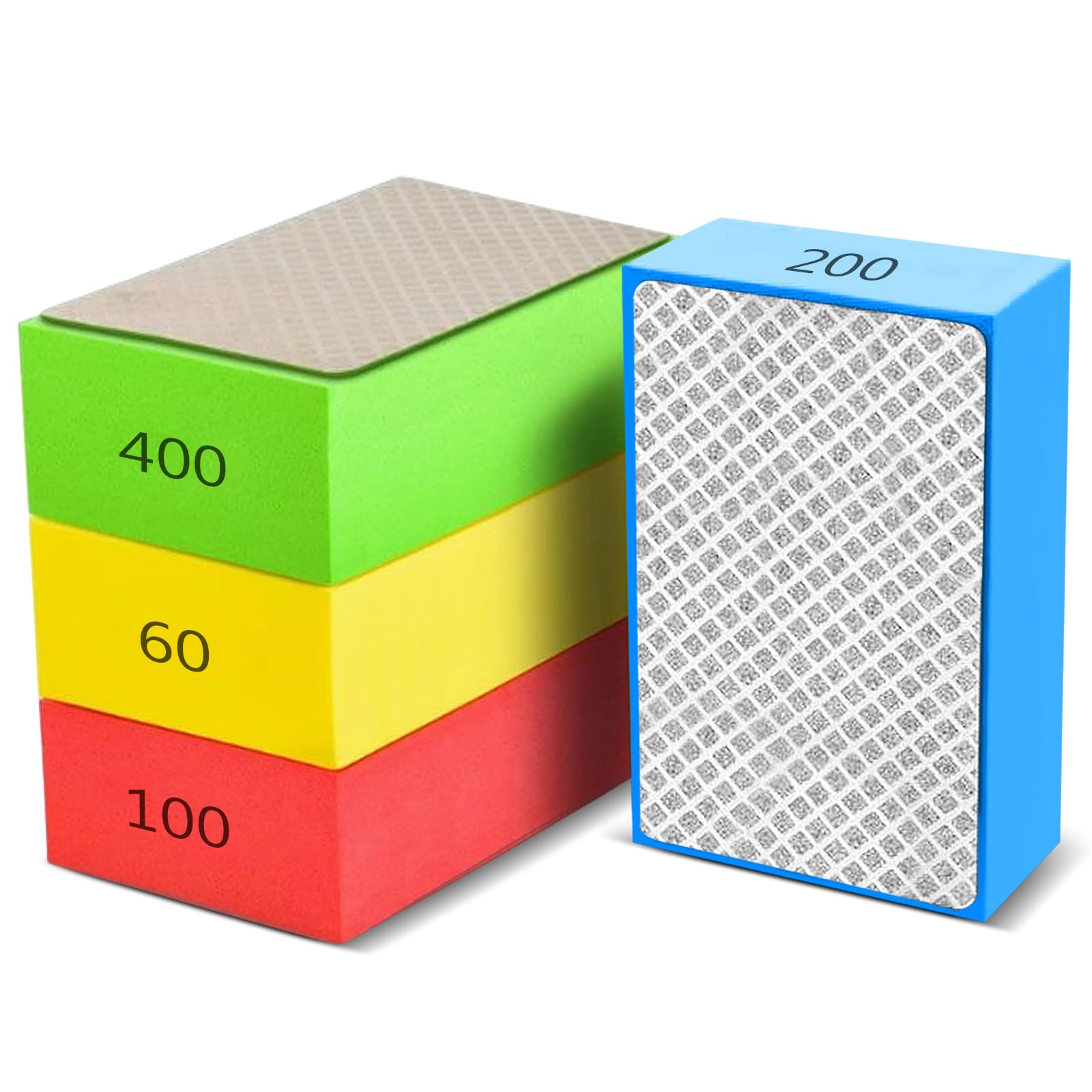 MLABINYA 4 Pcs Diamond Hand Polishing Pads Set, 60/100/200/400 Grit Diamond Sanding Block for Tile, Marble, Glass, Stone, Granite and Ceramic Trimming, Hand Held Grinding Block for Wet Dry Use