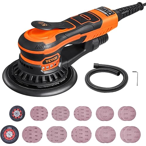 VEVOR Random Orbital Sander 5 & 6-Inch, 350W Brushless Orbital Sander, 10,000 PRM 6 Variable Speed Electric Palm Sander with 20PCS Sandpapers, Dust Connector & Hose for Woodworking Detailing Sanding