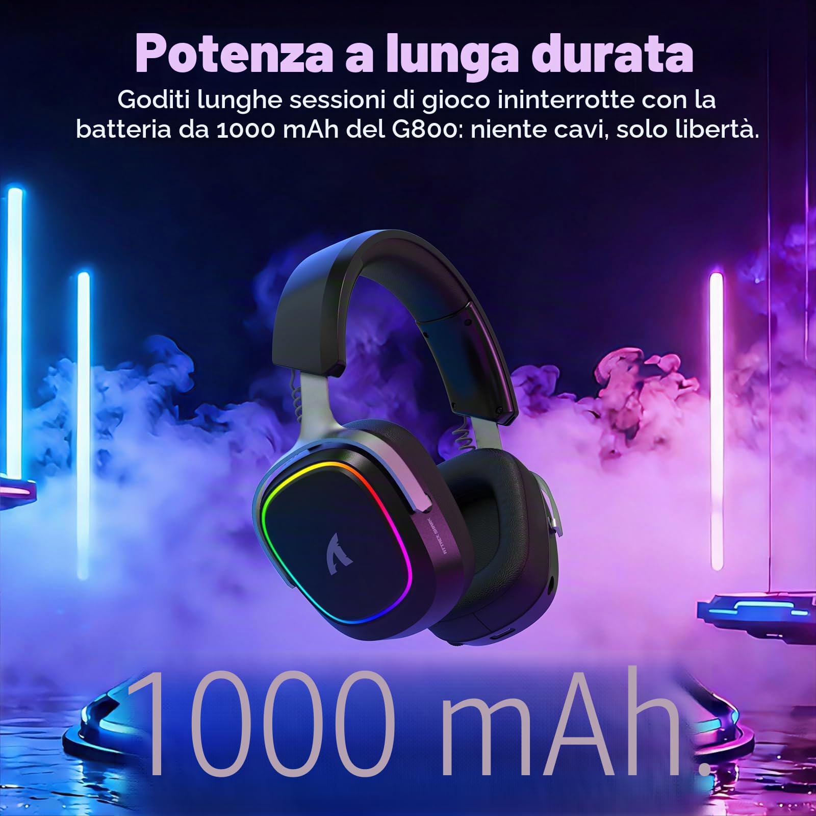 ATTACK SHARK G800 Cuffie Gaming Wireless, Batteria 1000 mAh, Microfono Rimovibile, Telaio in Alluminio, Audio Surround 3D, Latenza 20 ms, Driver 50 mm, 3 Modalità 2.4G/Bluetooth/Cablata