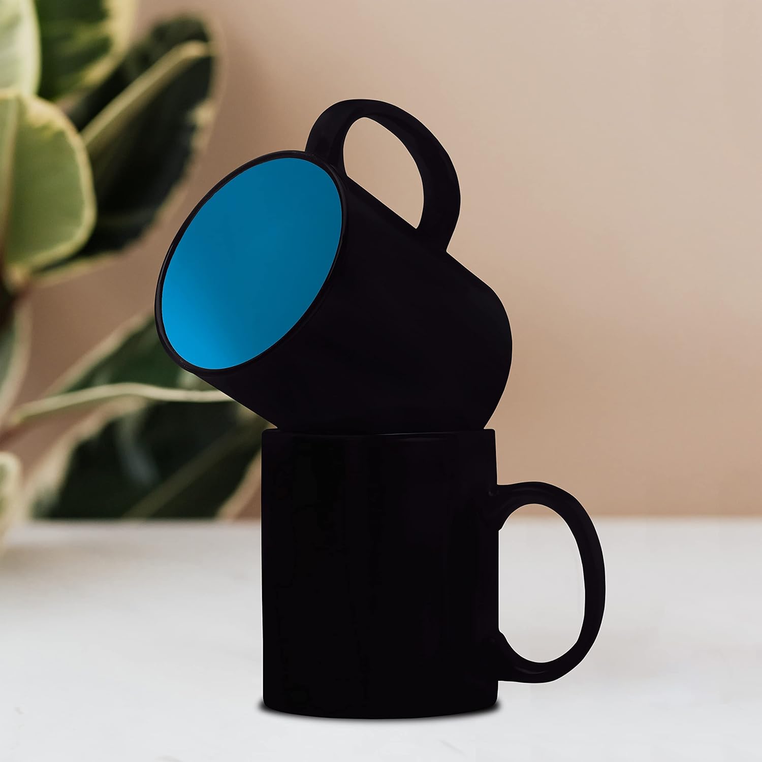 DISCOUNT PROMOS 10 Matte Two-Tone Coffee Mugs Set, 11 oz. - Stoneware, Drinkware, Durable, C-handle - Blue