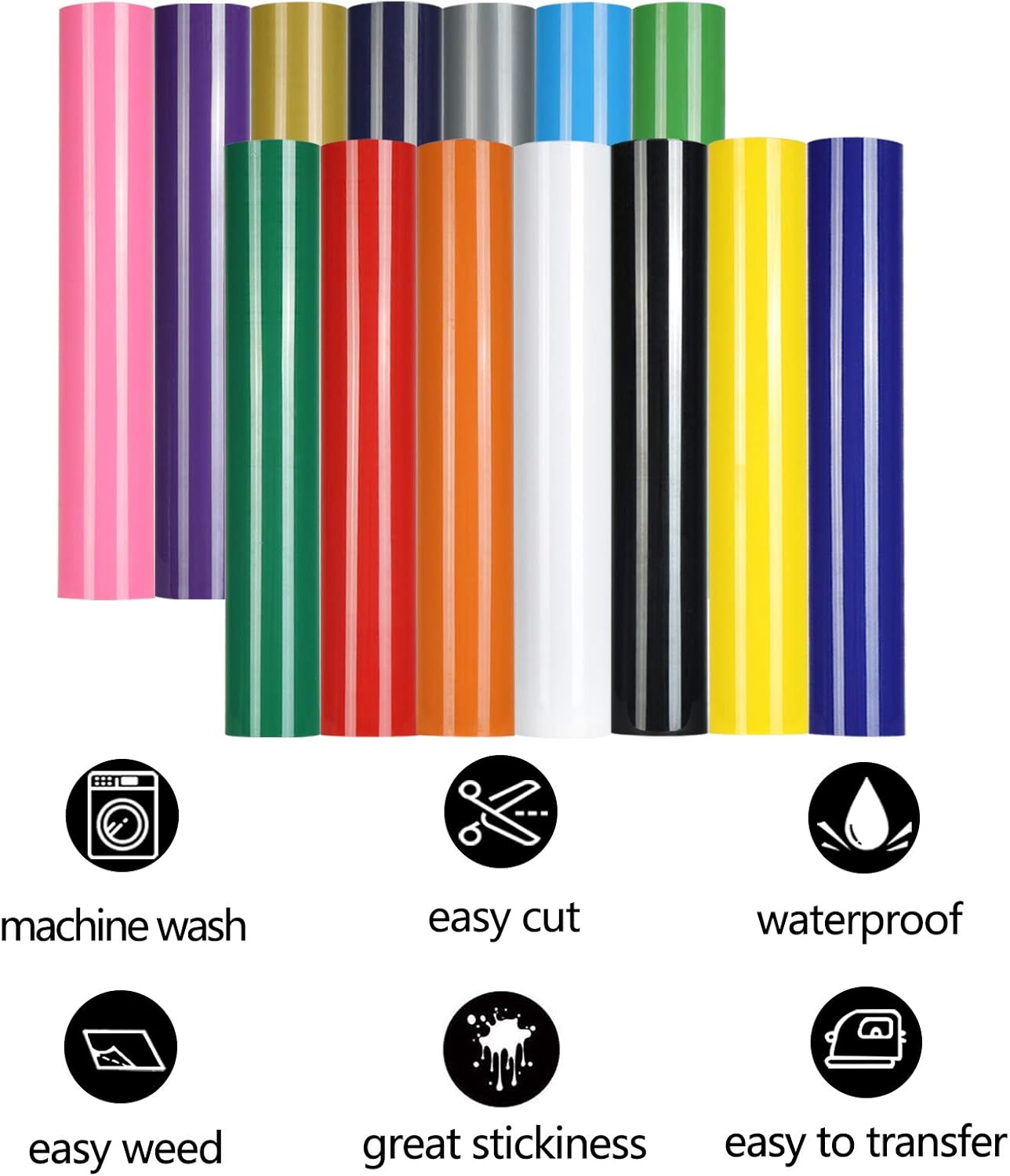 TUMIYA 14 Rolls Heat Transfer Vinyl, 12" x 5ft Adhesive Glossy Iron on Vinyl for T-Shirt, HTV Vinyl for Heat Press DIY Design Easy to Cut & Weed