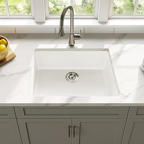 Miniatura 7 de Fregadero de cocina blanco de montaje bajo encimera Enbol de 24 pulgadas, fregadero de cocina compuesto de granito individual con colador de drenaje