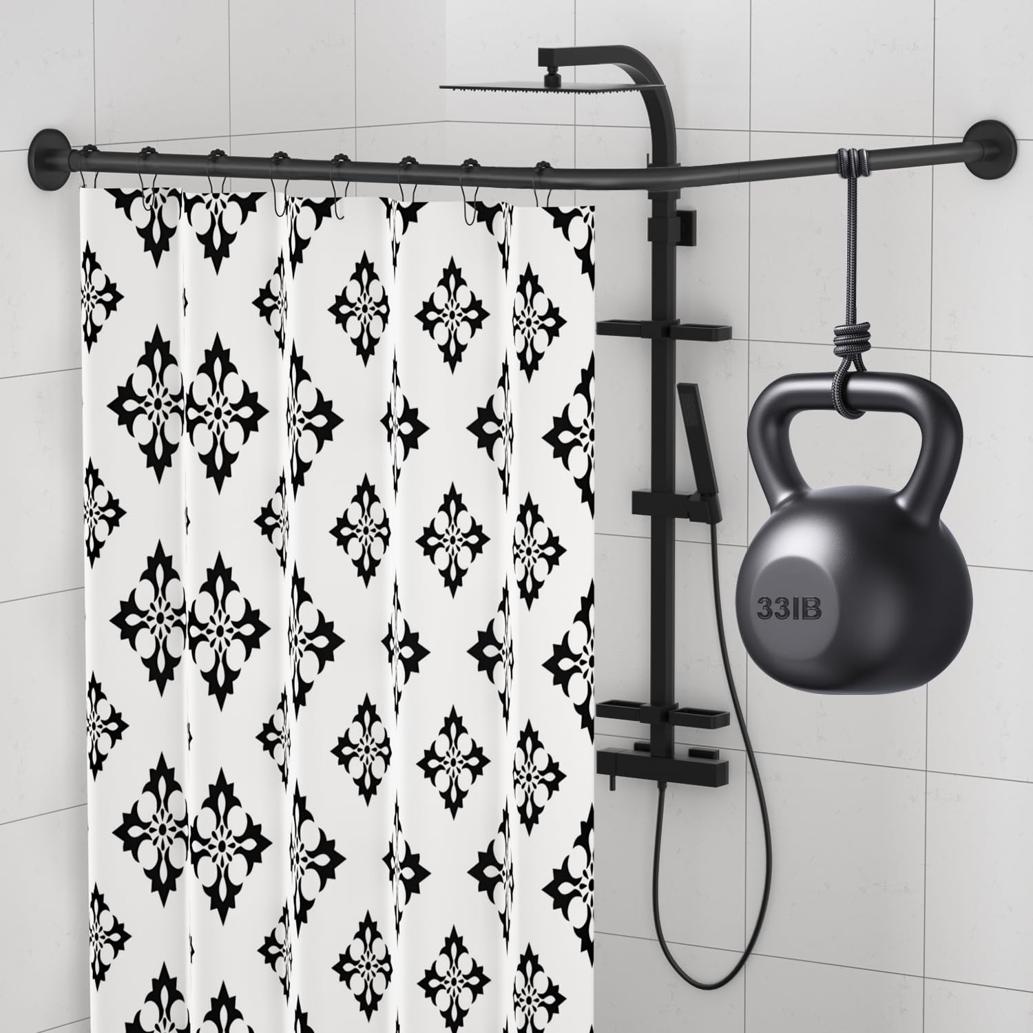 Sikaiqi Stretchable 304 Stainless Steel L Shape Shower Curtain Rail Adjustable (Black, 60-92cm x 60-92cm), 90° Bent - Image 2