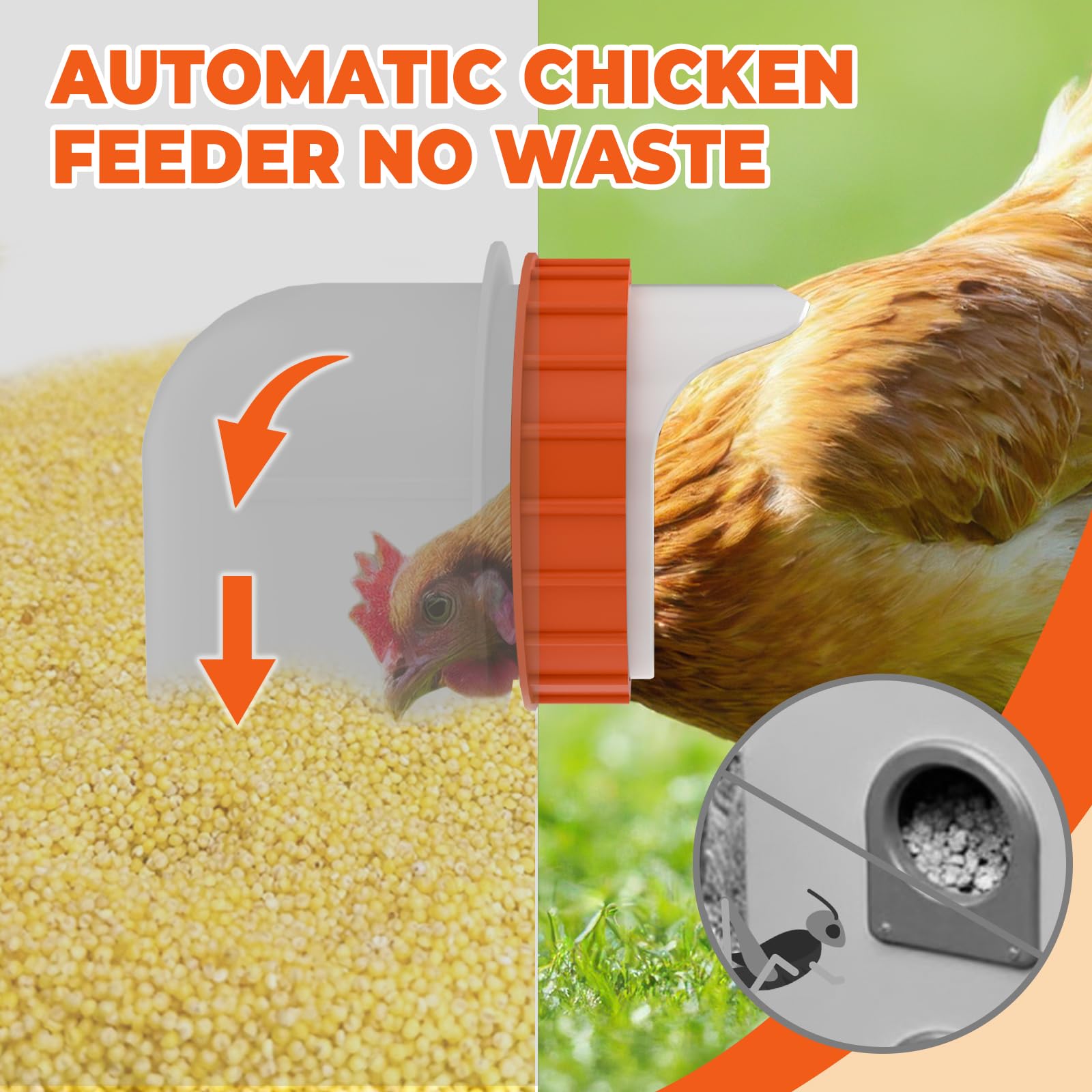 Comedero de metal para pollos, sin residuos, 25 libras, 4 puertos, alimentador automático de aves de corral con pestillo y mango para pollos, bantamas, faisanes, aves de corral, gallinero, a