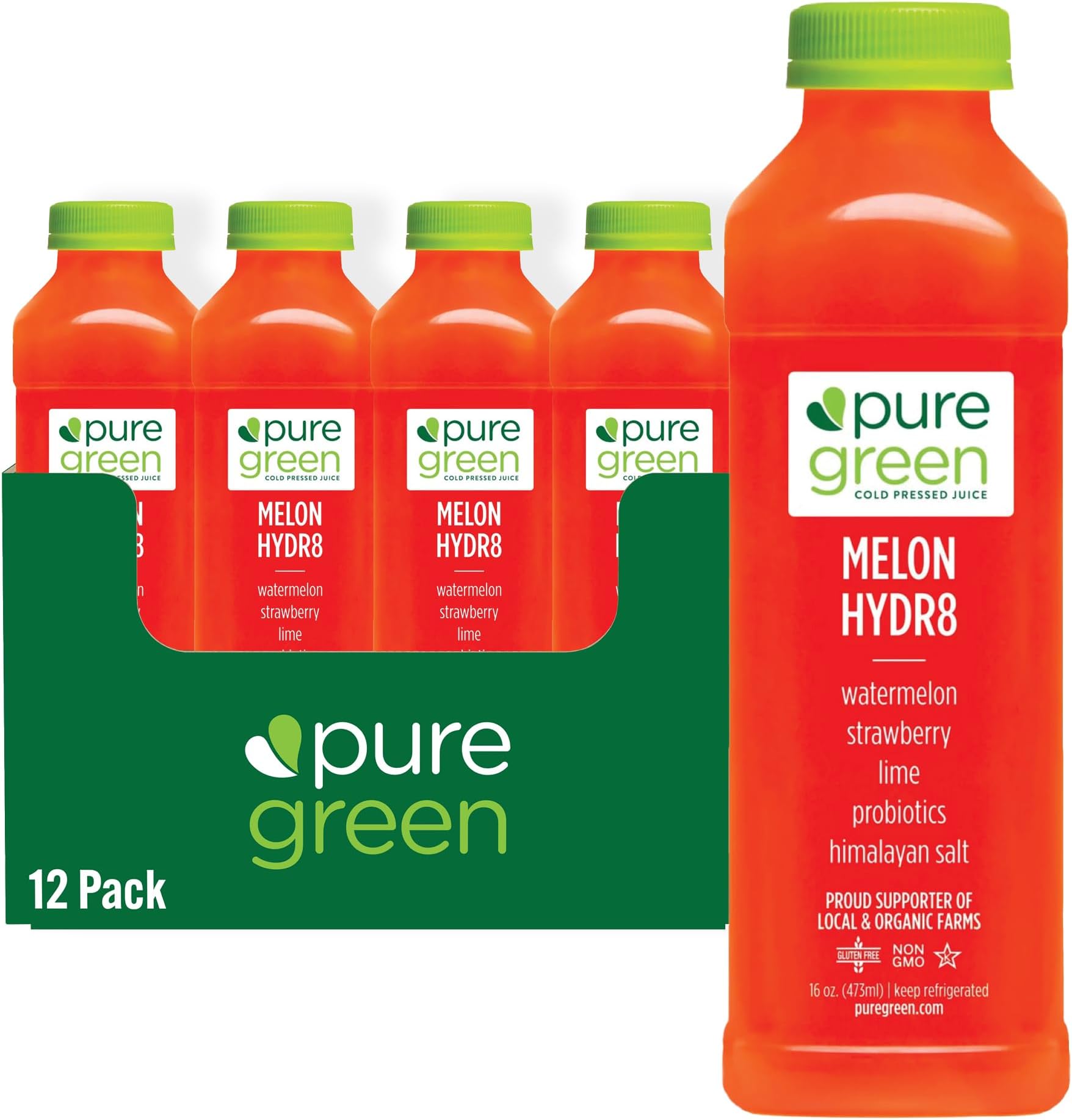 - Cold Pressed Juice - Melon Hydr8 - Fresh Functional Blend with Watermelon, Strawberry, Lime- Natural, Gluten Free, Non-GMO, No Artificial Colors or Flavors - Made from Real Fruits & Veggies - 16oz (12 Pack)