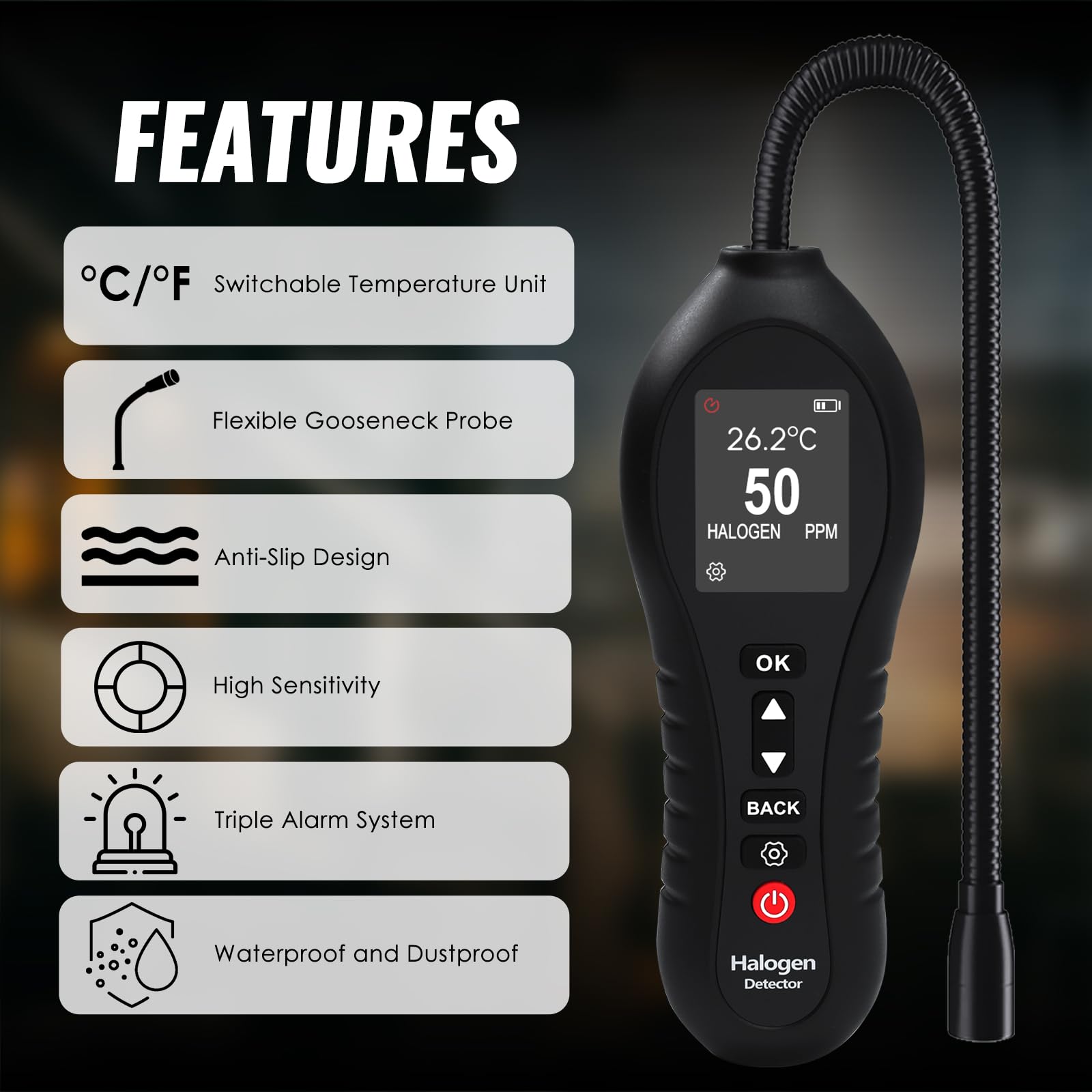 HVAC Kältemittel-Leckdetektor, Freon-Leckdetektor, Halogen-Gasschnüffel für Klimaanlage & Automobil-AC, 0-1000 ppm Reichweite mit 25,4 cm Sonde, erkennt R12 R22 R134a R410a FCKW, HFCs, HFCs