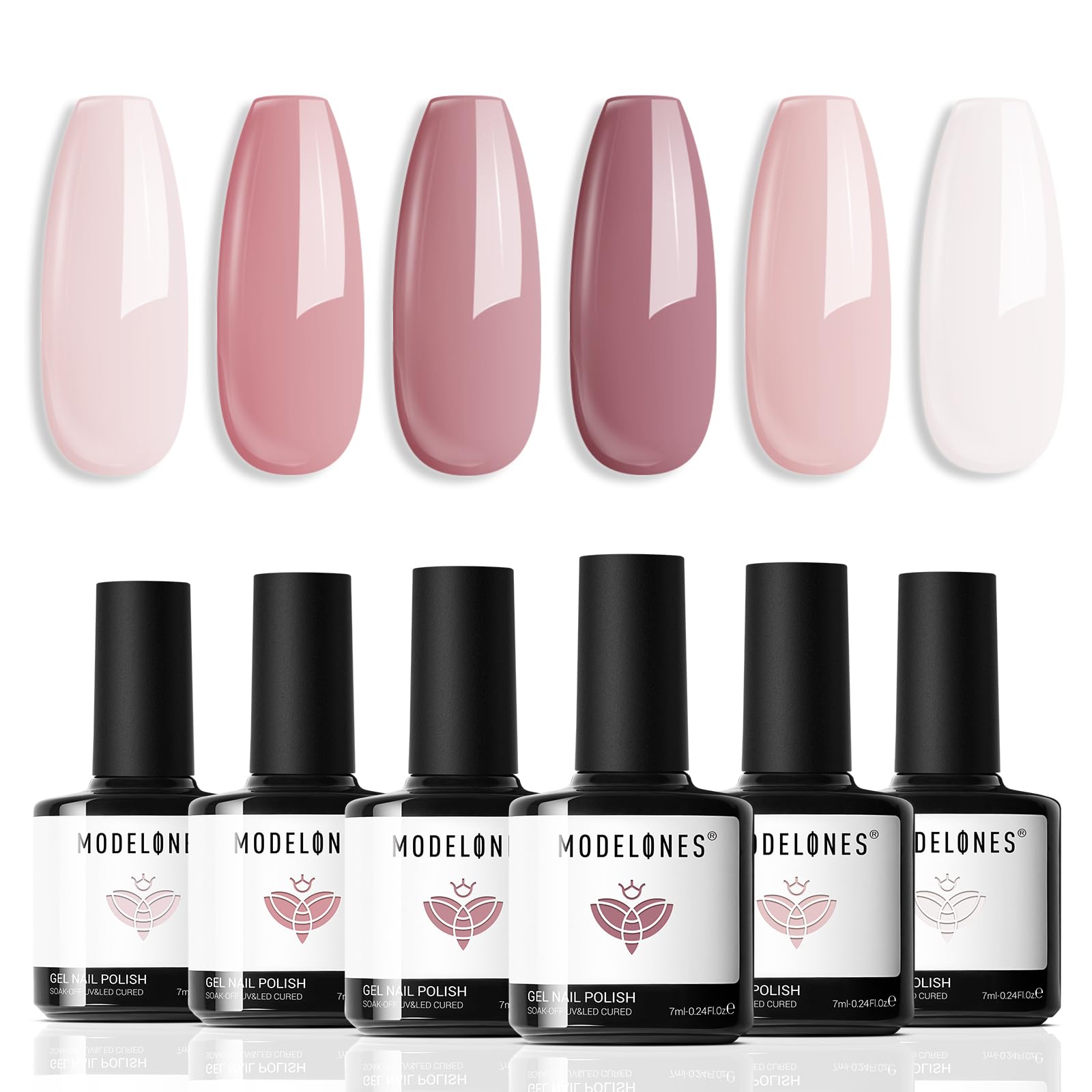 Modelones Gel Polish Set - 6 Colors Nude White Pastel Pink for All Seasons - Soak Off Nail Starter Kit for Manicure DIY and Salon - With Beauty Gift Box