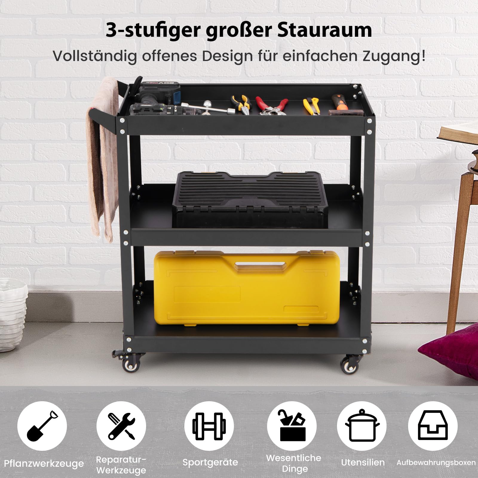 GOPLUS Werkzeugwagen auf Rädern, 3-stufiger Werkstattwagen mit praktischem Griff & 4 Universalrädern, vielseitiger Servierwagen aus Metall für Garage, Küche, Werkstatt, 120kg Belastbar (Schwarz)