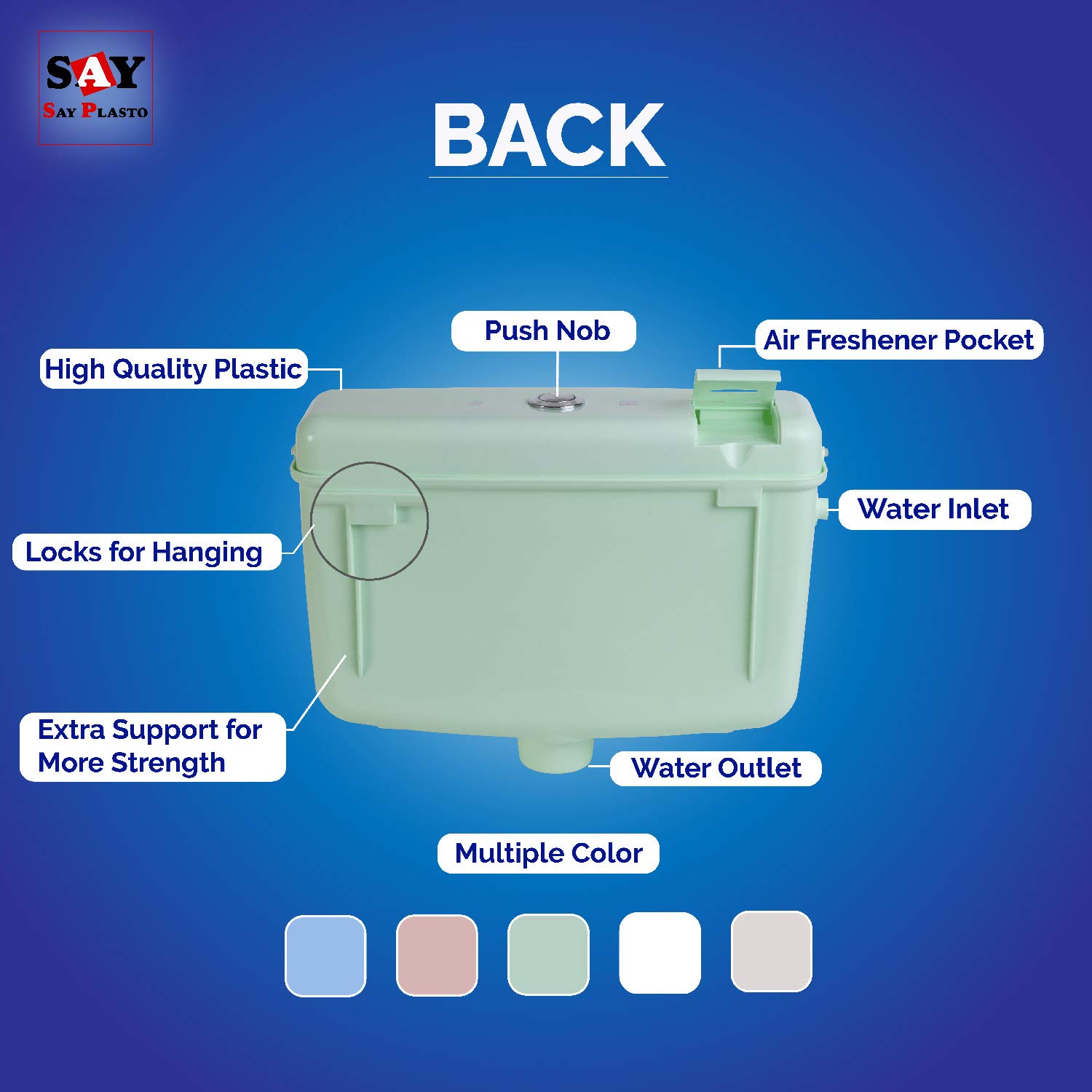 SAY PLASTO Flushing Cistern, Flush Tank, Center Push 10 LTR Capacity, Air Freshner Pocket, Polypropylene Smart PVC Cistern (Green) 4
