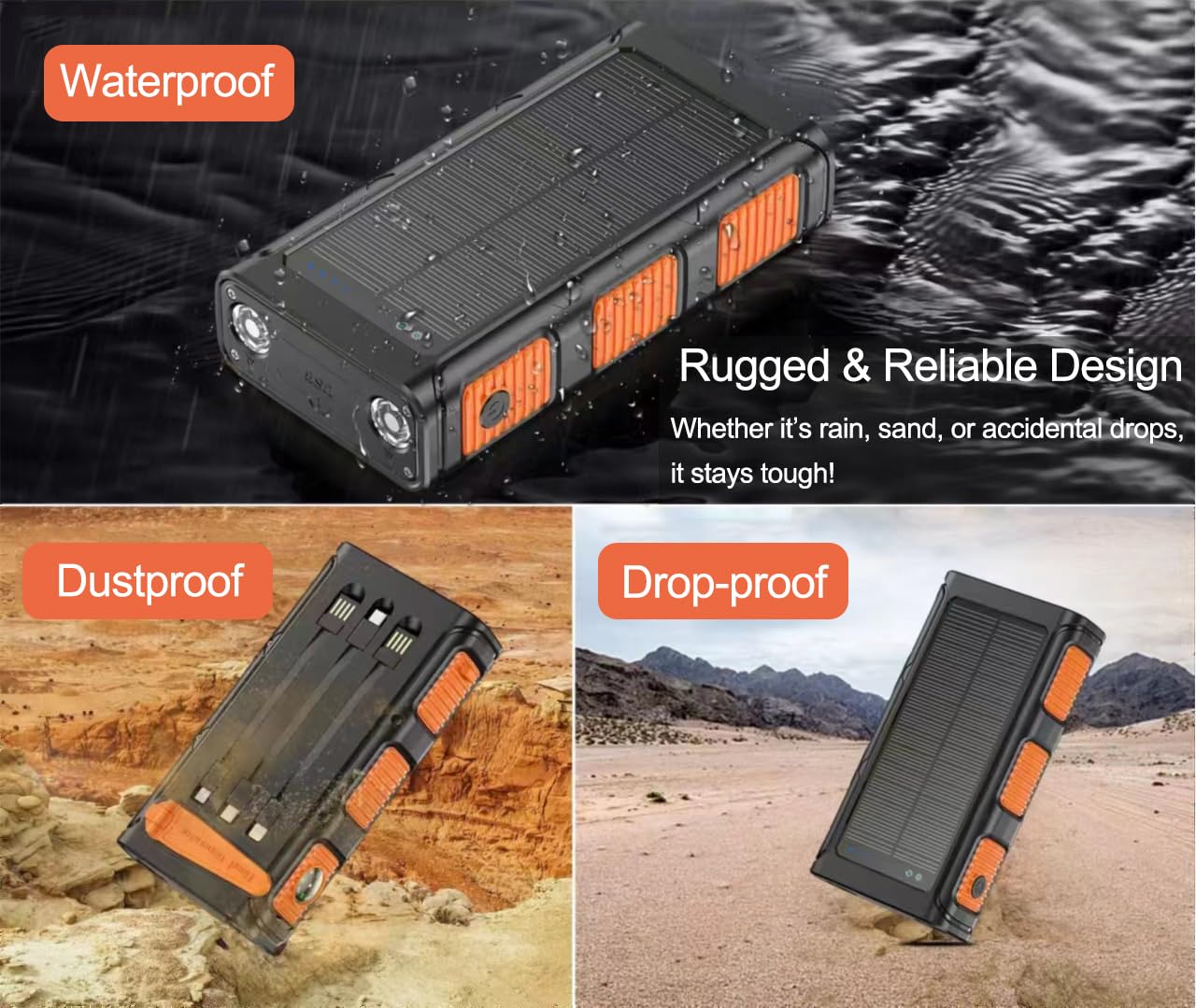 Cargador Solar Power Bank 30000mah Carga Rápida Batería Externa Inalámbrica con 3 Cables de Carga Integrados para Teléfono Tabletas