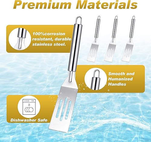 Miniatura 3 de Ramede 12 espátulas pequeñas de metal de acero inoxidable ranuradas fritas de 9.84 pulgadas, utensilio de cocina antiadherente flexible para cocina,
