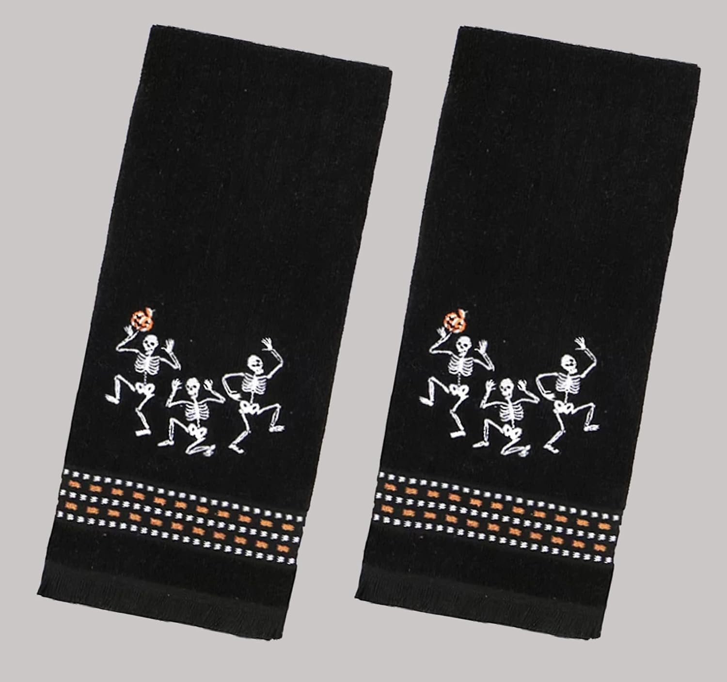 Halloween Towels, Black Bath Hand Towel Set of 2, Embroidered Skeleton Trio Dancing Bathroom Decor