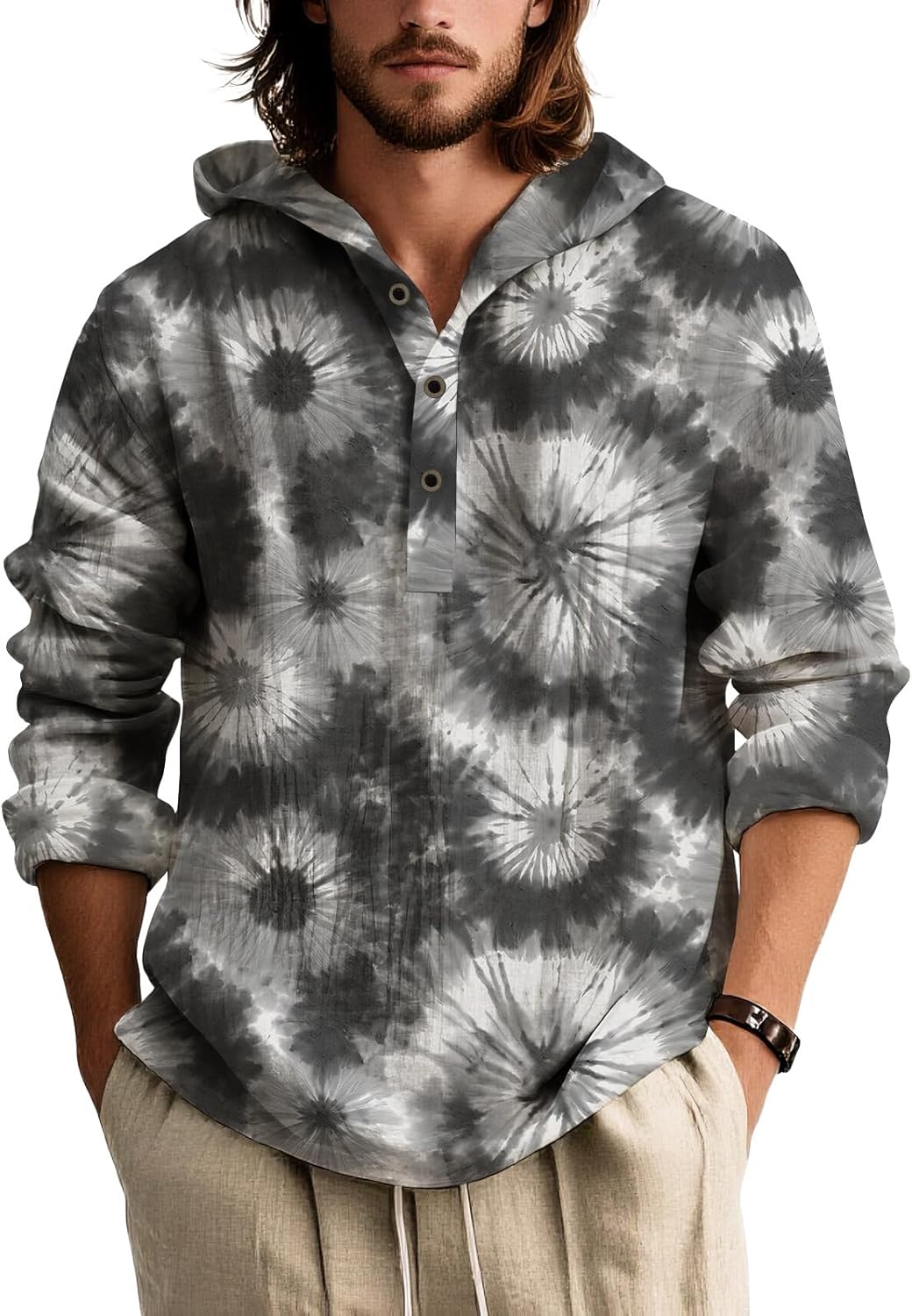 Mens Tie Dye Hooded Long Sleeve Shirt Lightweight Pullover Button Placket Casual To...