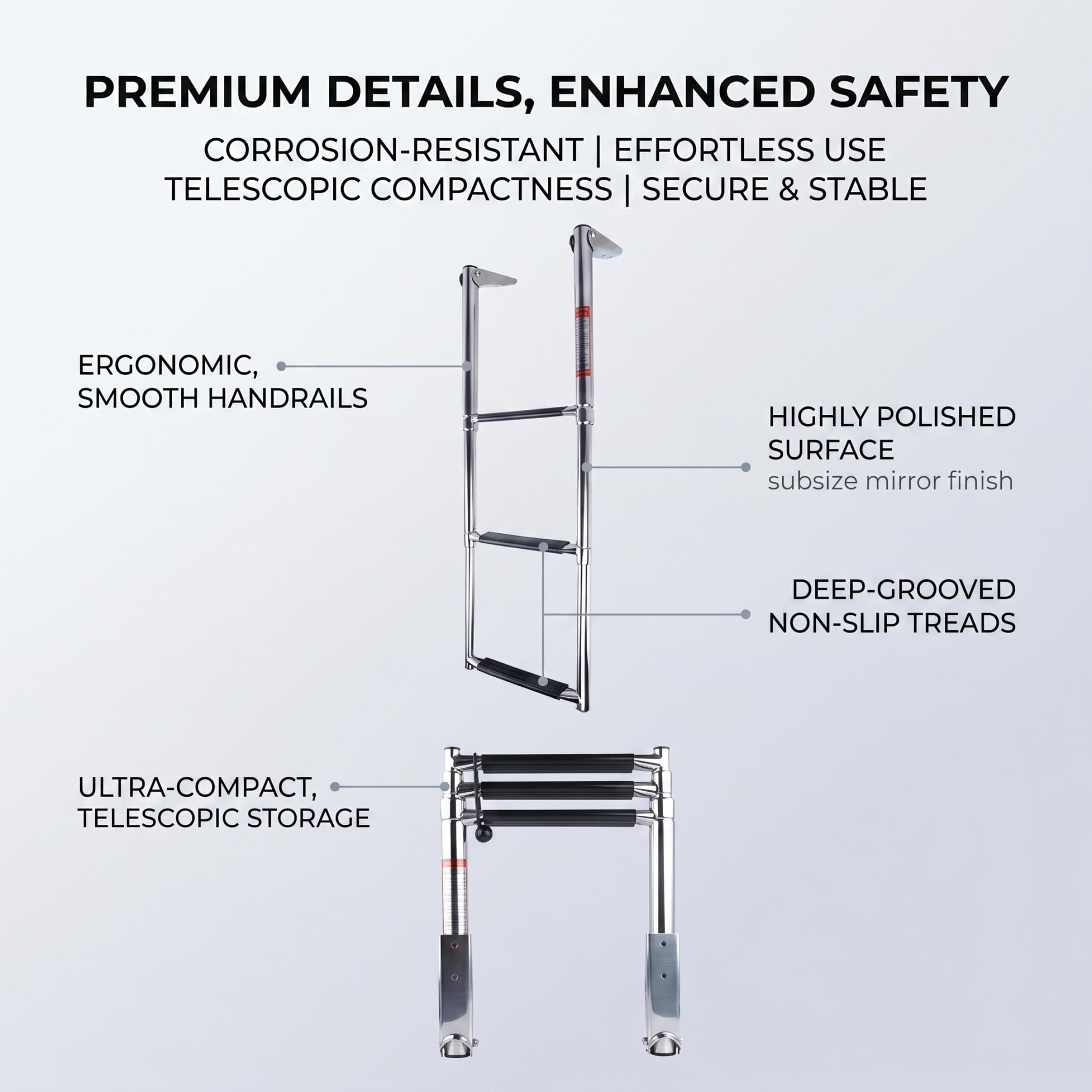 Escalera telescópica para Barcos de 3 escalones, Escalera de Muelle Plegable de Acero Inoxidable con escalones Antideslizantes, Plateada