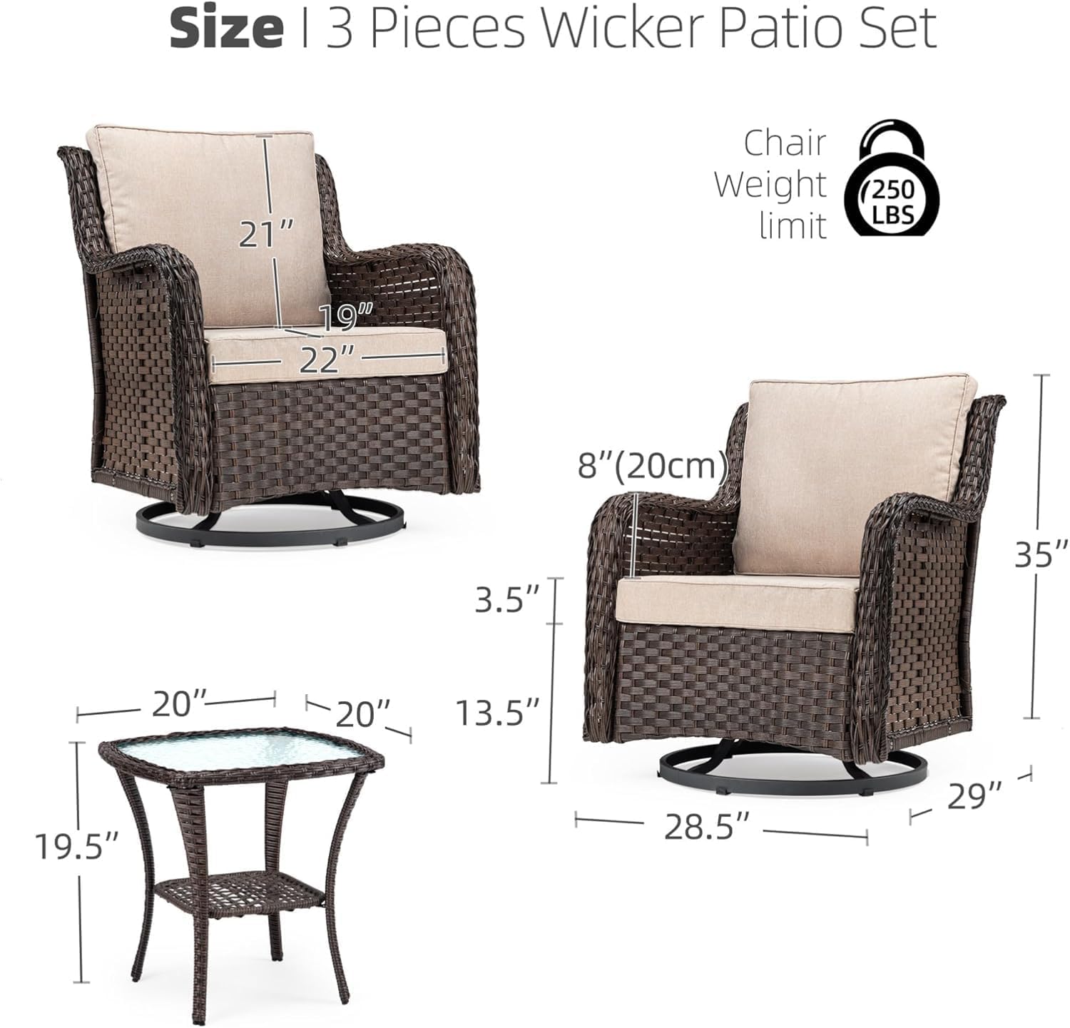 3 PCS Patio Bistro Set, Outdoor Rattan Rocking Chairs with Coffee Table, Swivel Rocker Patio Chairs, 360° Patio Conversation Set with Thickened Cushions, Outdoor Furniture for Backyard Garden Porch