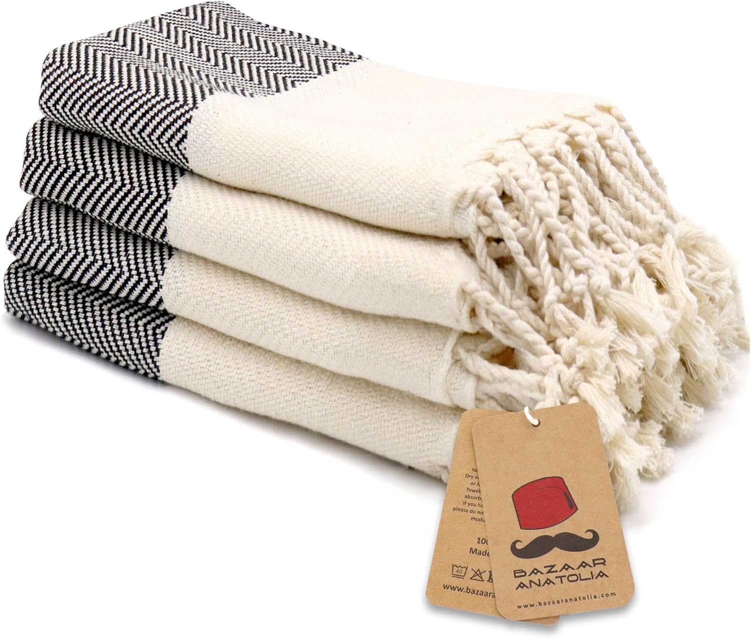 Bazaar Anatolia Hand Towels - Set of 4 | 39" x 19" - Decorative Turkish Hand Towel for Bathroom, 100% Cotton, Kitchen, Face, Hair, Tea, Dishcloth, Guest Towels - Herringbone Black