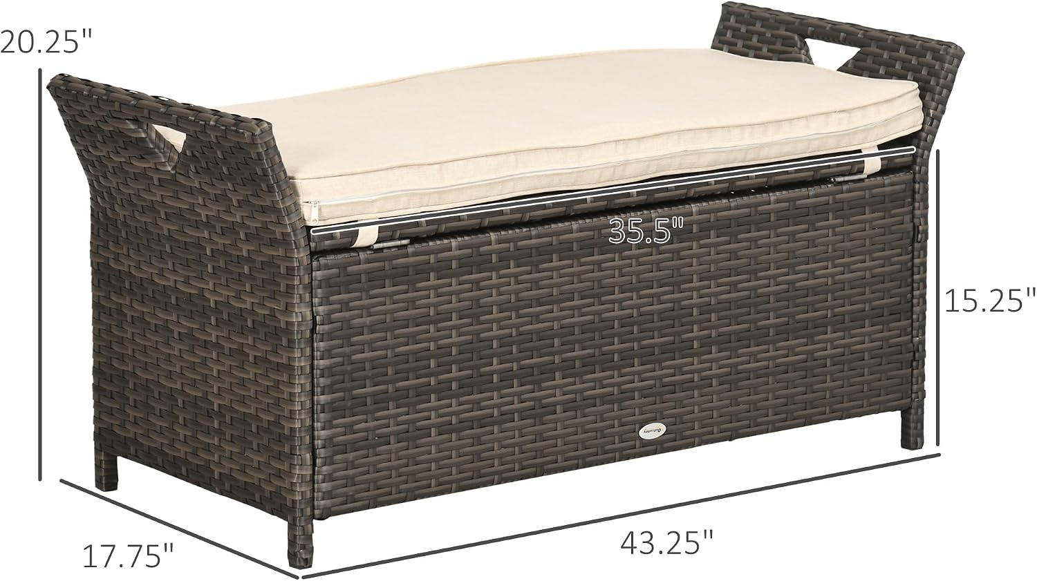 27 Gallon Patio Wicker Storage Bench, Outdoor PE Rattan Patio Furniture, 2-in-1 Large Capacity Rectangle Garden Storage Box with Handles and Cushion, Cream White