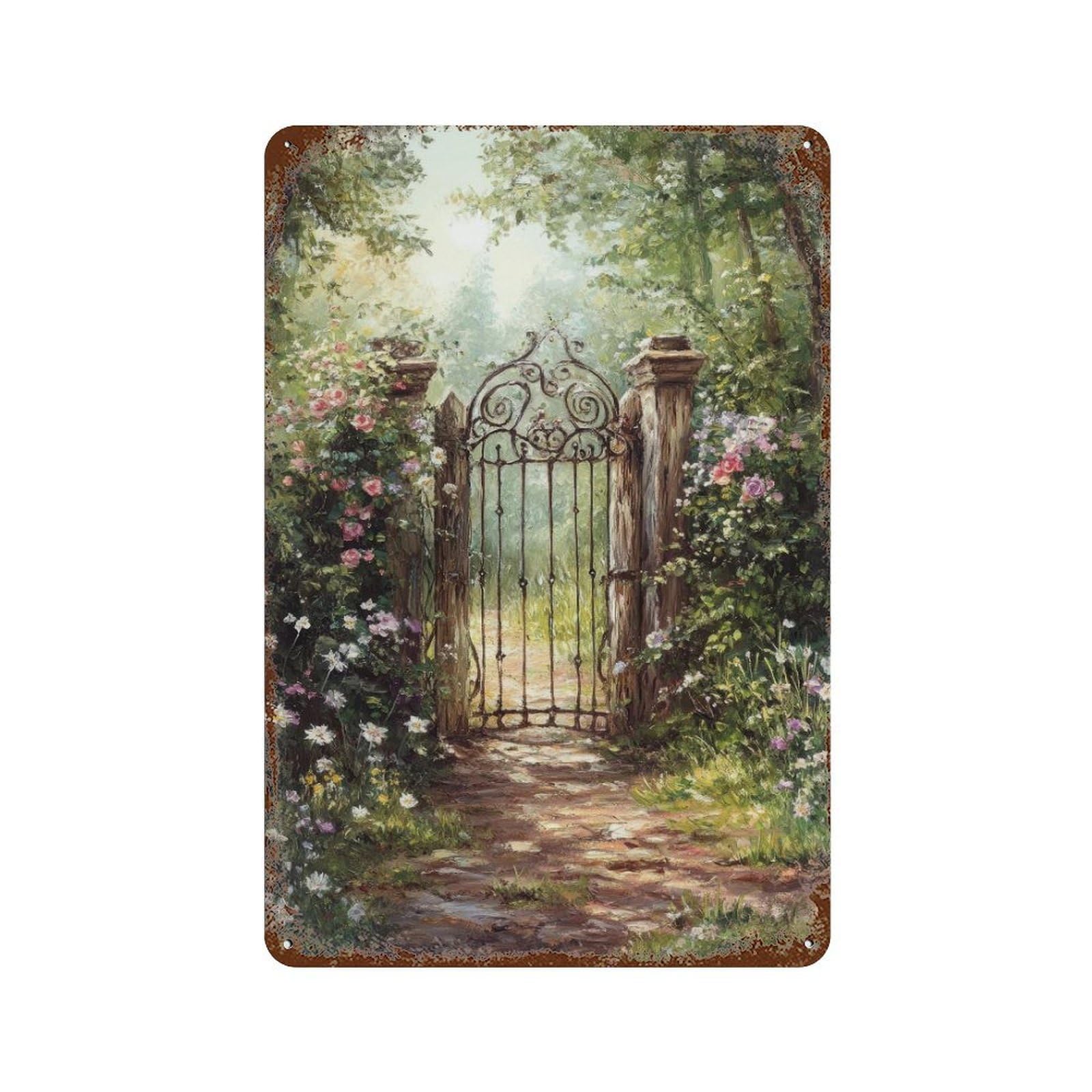 xiaoxiaoshen Enchanted Rustic Gate Cottagecore Whimsical Garden Vintage Nature Wall Decor Art Metal Tin Poster Modern Home Decor Art Home Bar Shop Decorations Vintage Sign 30x20cm