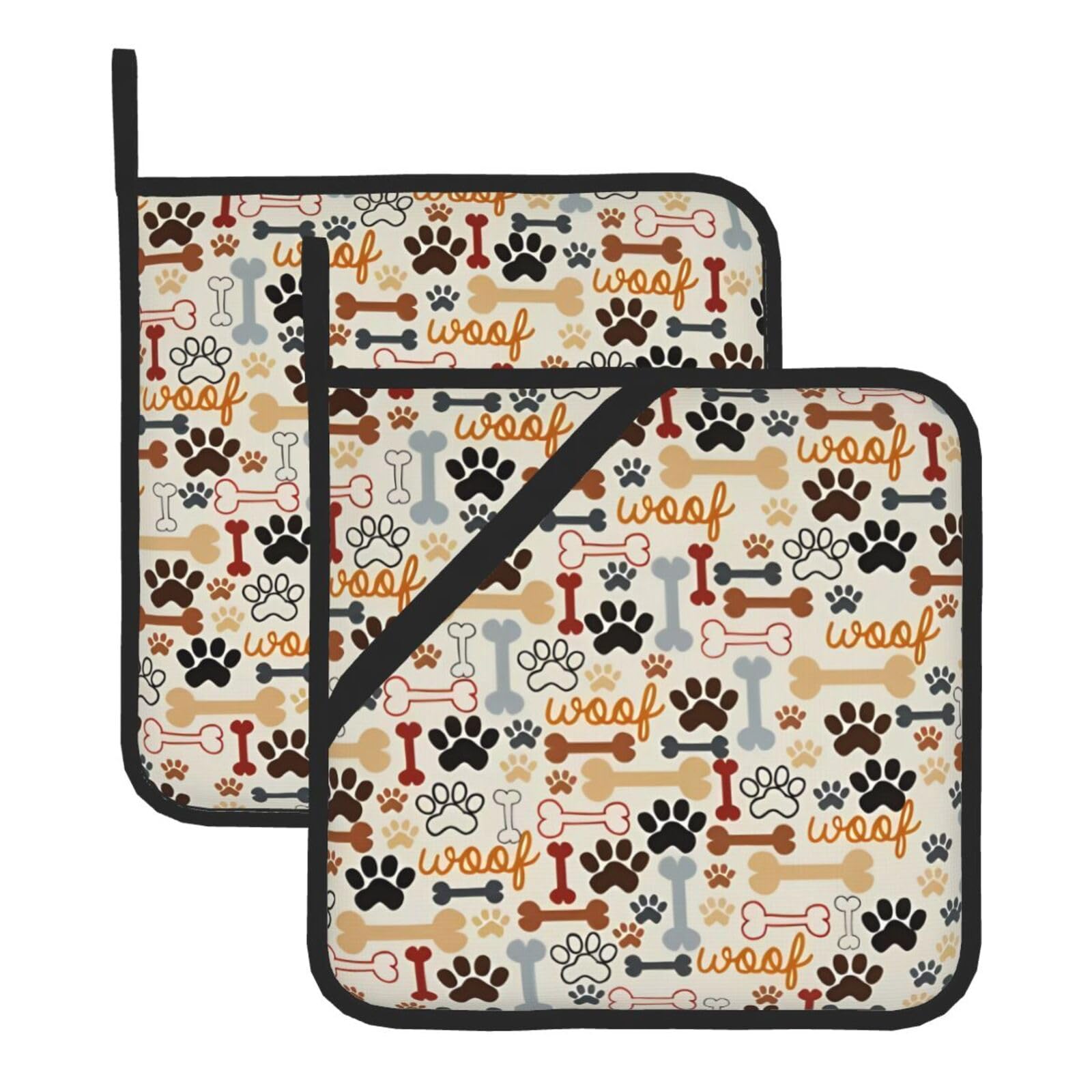 WHJDPP Dog Bones Paw Prints Prints Square Hot Pads for Kitchen Counter - Waterproof Pot Holders Set of 2, Heat Resistant Trivets with Pocket & Hanging Loop for Serving, Oven & BBQ