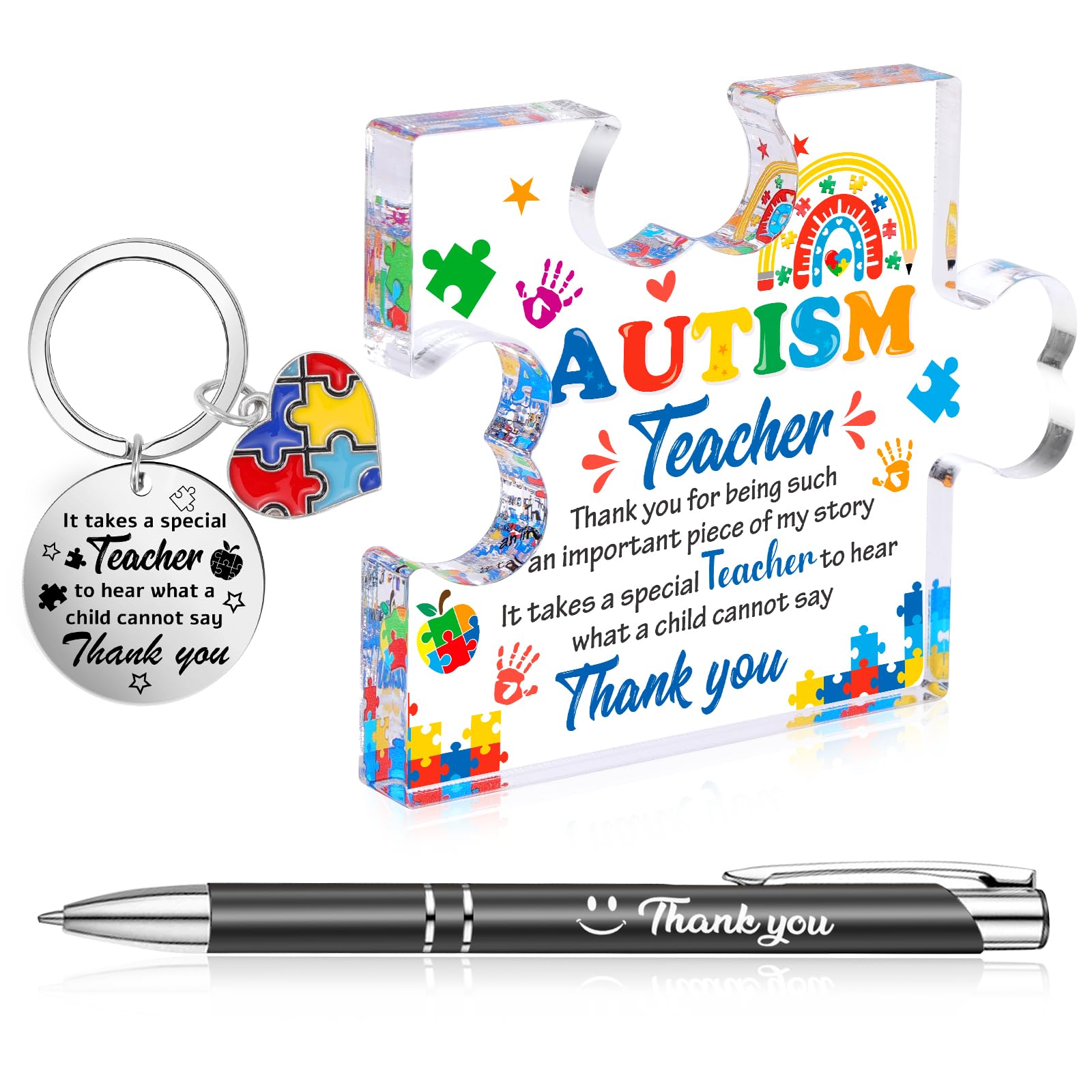 HOWAF Autism Teacher Gifts Set, Thank You Teacher Gifts Acrylic Plaque, Thank You Keyring, thank you Ballpoint Pens for Unique SEN teacher Leaving gifts, Autism Awareness, Special Education, Therapist — image 1