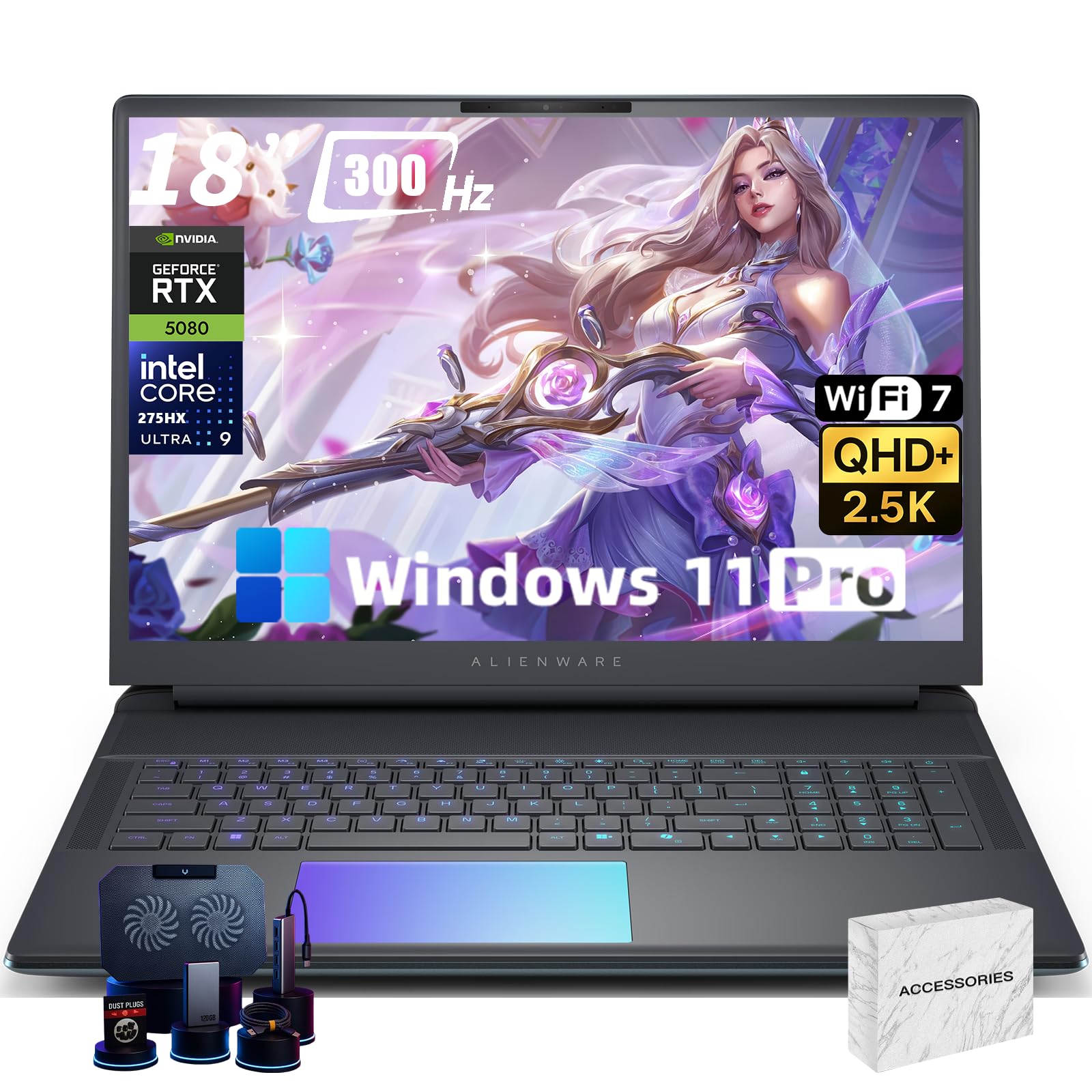18" Area-51 Gaming Laptop Computer - GeForce RTX 5080-16GB GDDR7-18" QHD+ 300Hz - Intel Ultra 9 275HX - AlienFX RGB Lighting - Quad Fan Cooling, Windows 11 Pro(64GB DDR5, 4TB SSD)