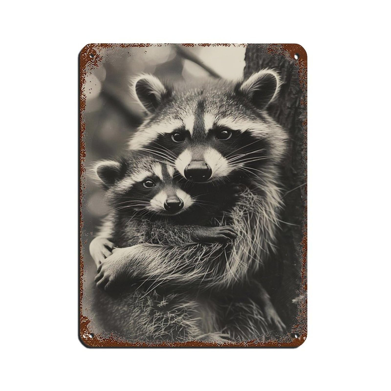 Poster métal Mom & Baby Raccoon déco murale rétro animal