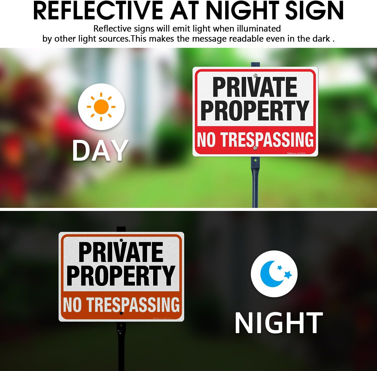 Faittoo Large No Trespassing Sign Private Property with 54" Metal Thick Stake, 2 Pack14"x10" Rust Free Heavy Aluminum, Reflective, Fade Resistant, Easy to Mount, Outdoor use