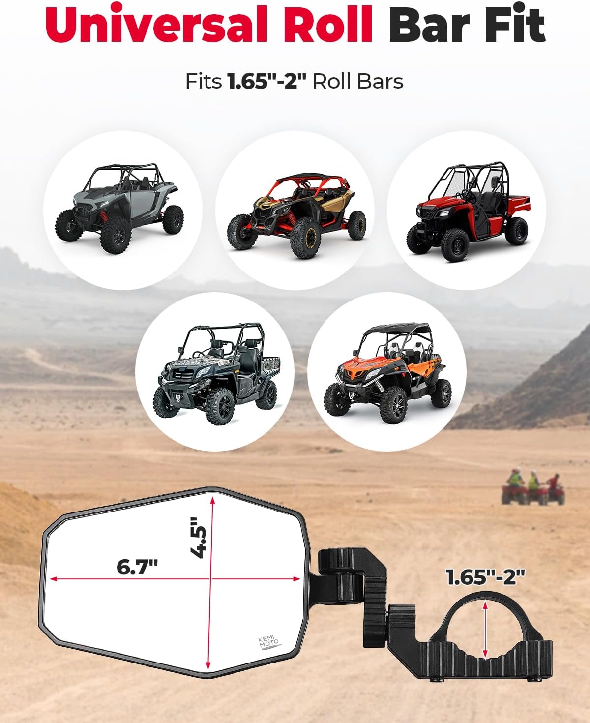 KEMIMOTO UTV Side Mirrors, UTV Mirrors for 1.65-2 inch Roll bar Compatible with Polaris RZR, Can-Am Maverick X3, Pioneer, Talon, Teryx, Gator, CFMOTO, Multi-Adjustment Convex Mirrors - Image 3