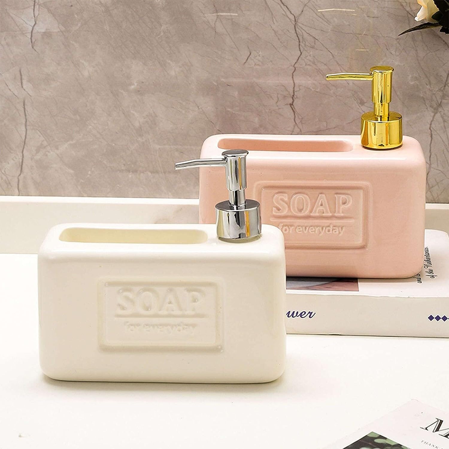 LekLai Dispenser di Sapone,Dispenser di lozione Quadrato in Ceramica retrò, Dispenser di Sapone for Le Mani, Dispenser di Shampoo Ricaricabile, Cucina bagno-rosa-18.5x17x7.5cm (Color : Roze)