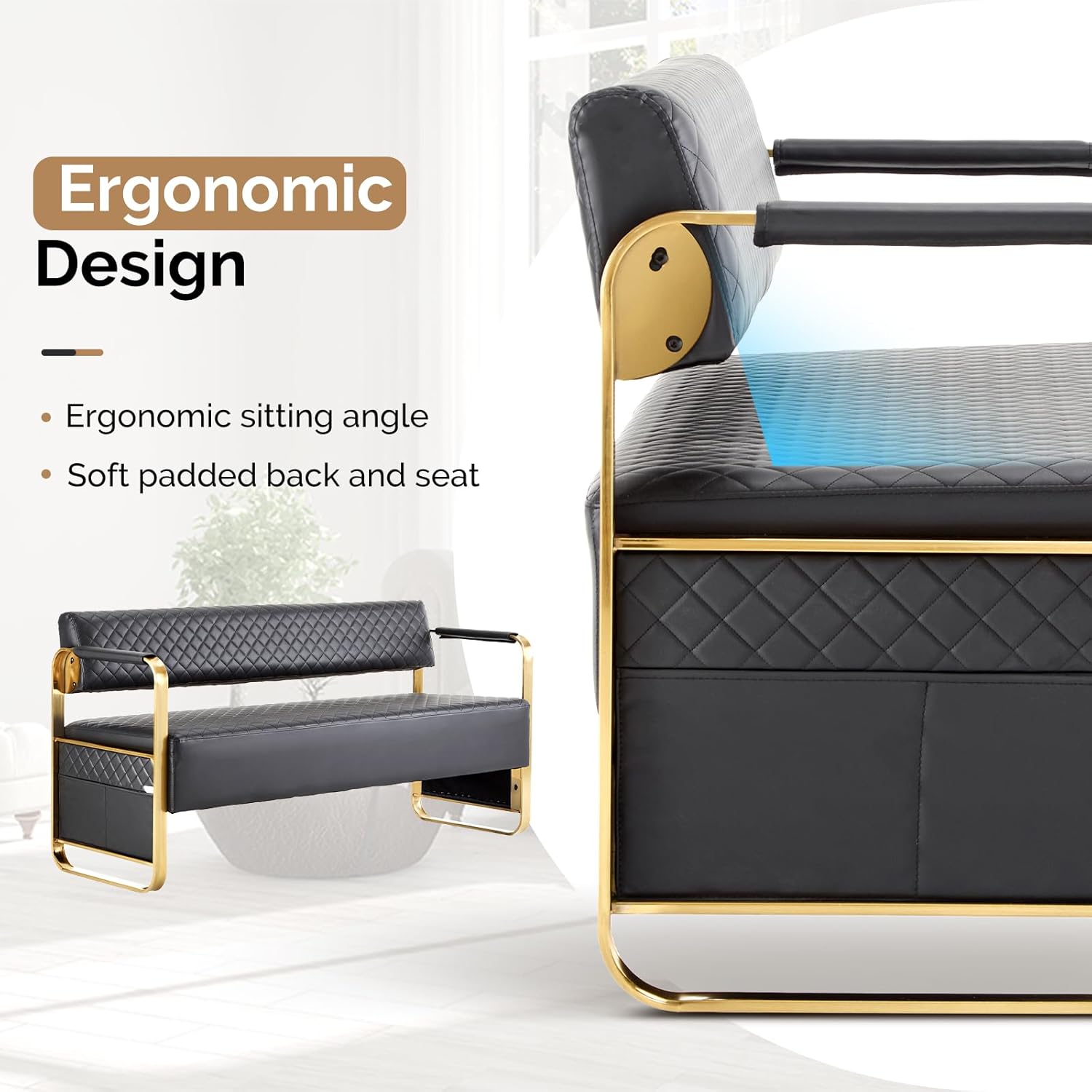 OmySalon Waiting Room Chairs with Arms, 57.5’’ Office Guest Chair upholstered Bench Seating, Reception Furniture for Beauty Salon Barbershop Airport Bank Hall Room Conference, Black&Gold